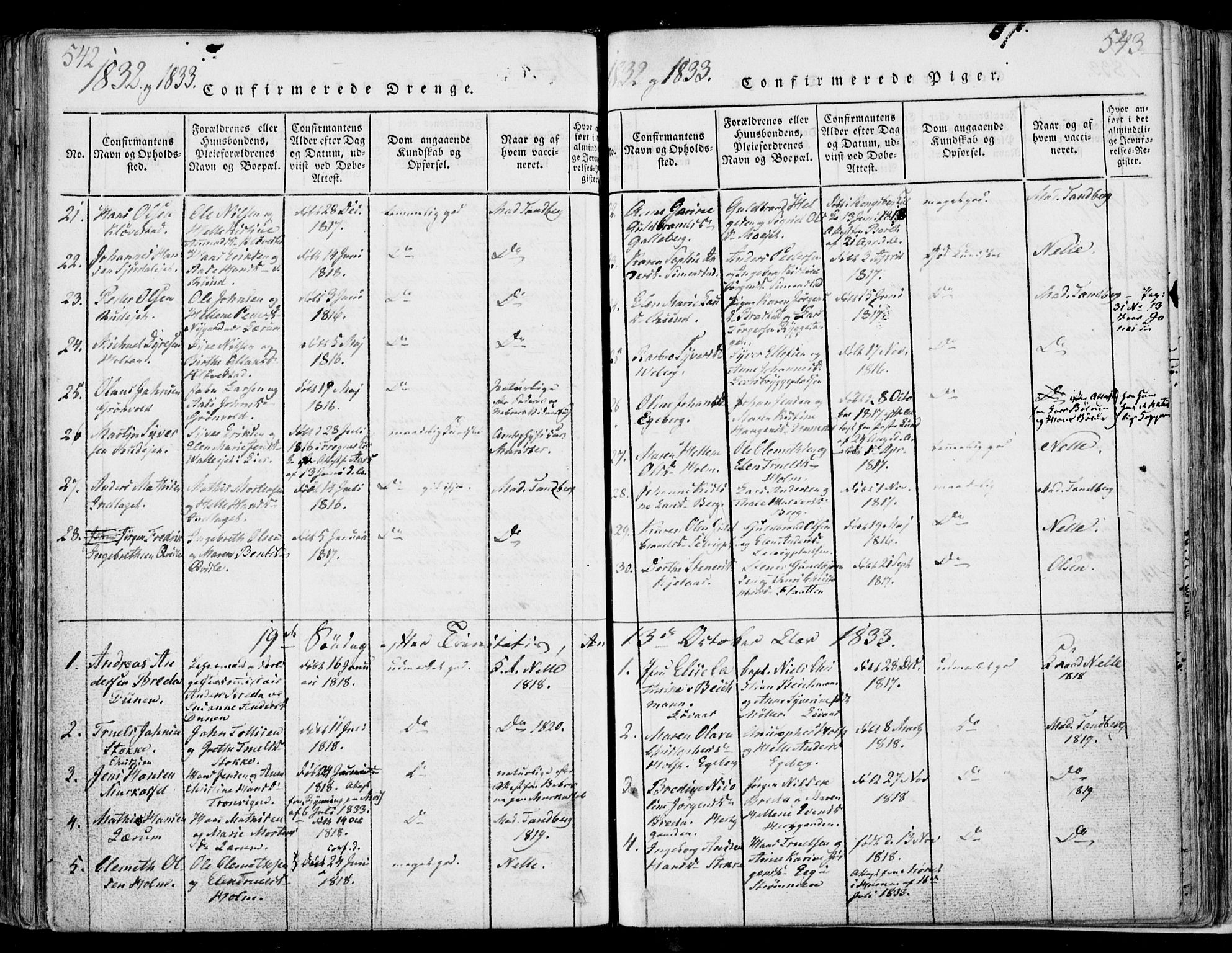 Sande Kirkebøker, SAKO/A-53/F/Fa/L0003: Parish register (official) no. 3, 1814-1847, p. 542-543