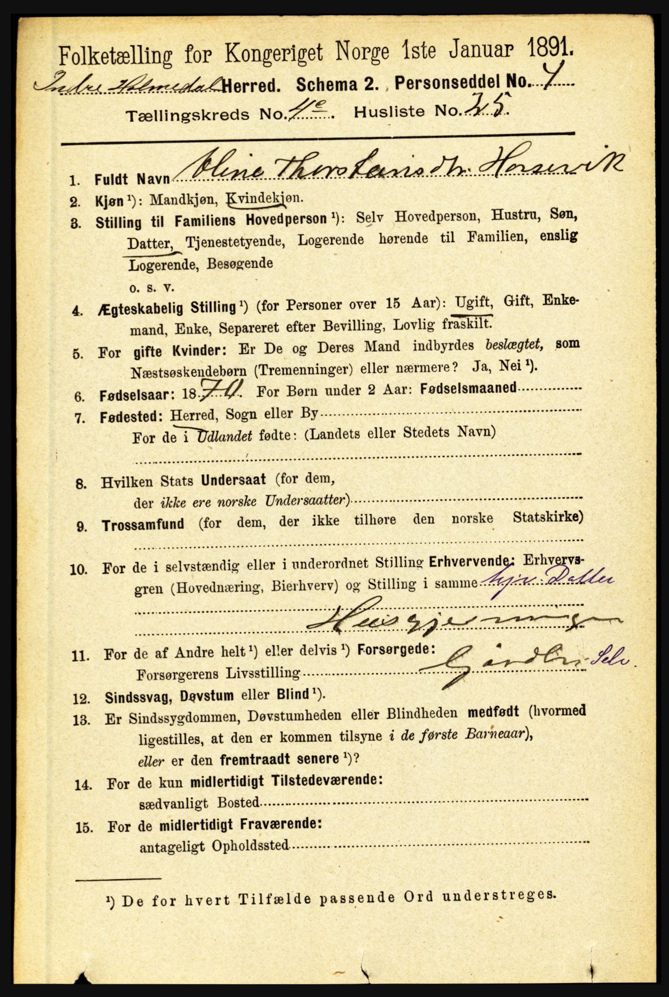 RA, 1891 census for 1430 Indre Holmedal, 1891, p. 1809