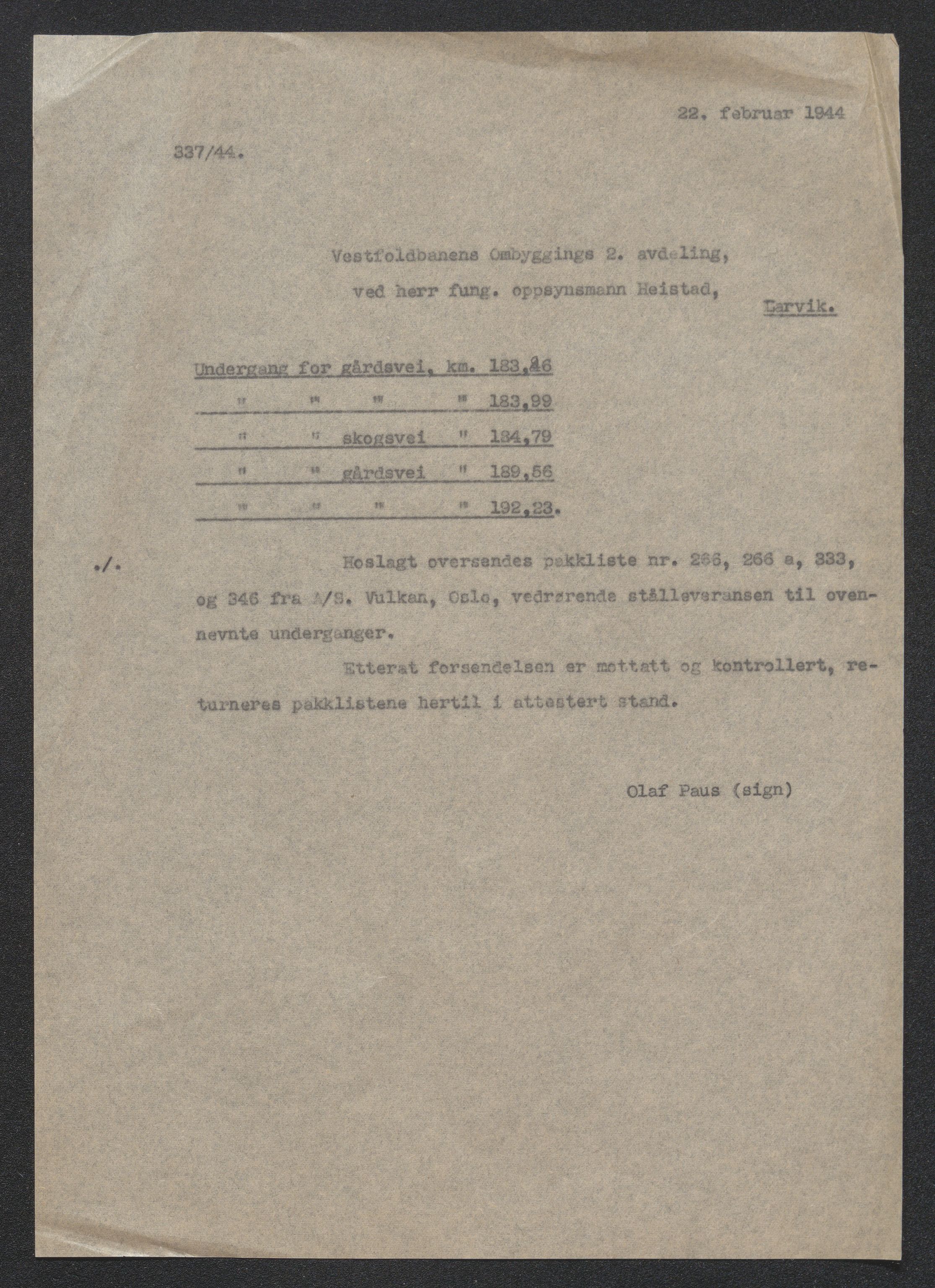 Norges Statsbaner Drammen distrikt (NSB), AV/SAKO-A-30/1.DELARKIV/E/Eb/L0039/0011: Vestfoldbanens ombygging / Undergang gårdsveg km. 183.05, 1944, p. 1