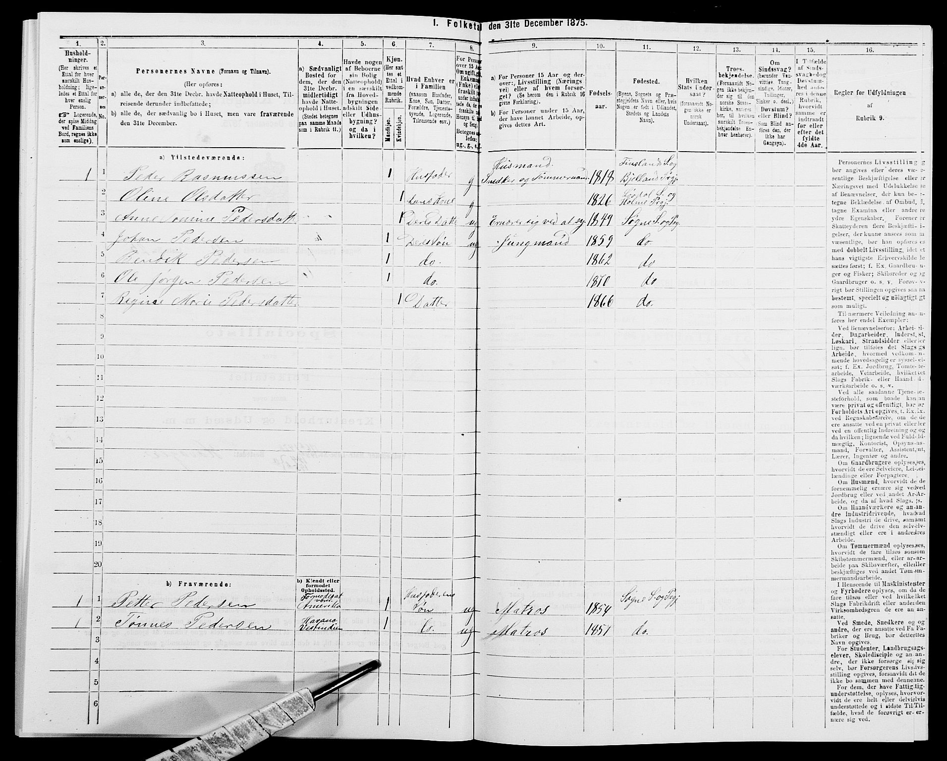 SAK, 1875 census for 1018P Søgne, 1875, p. 833