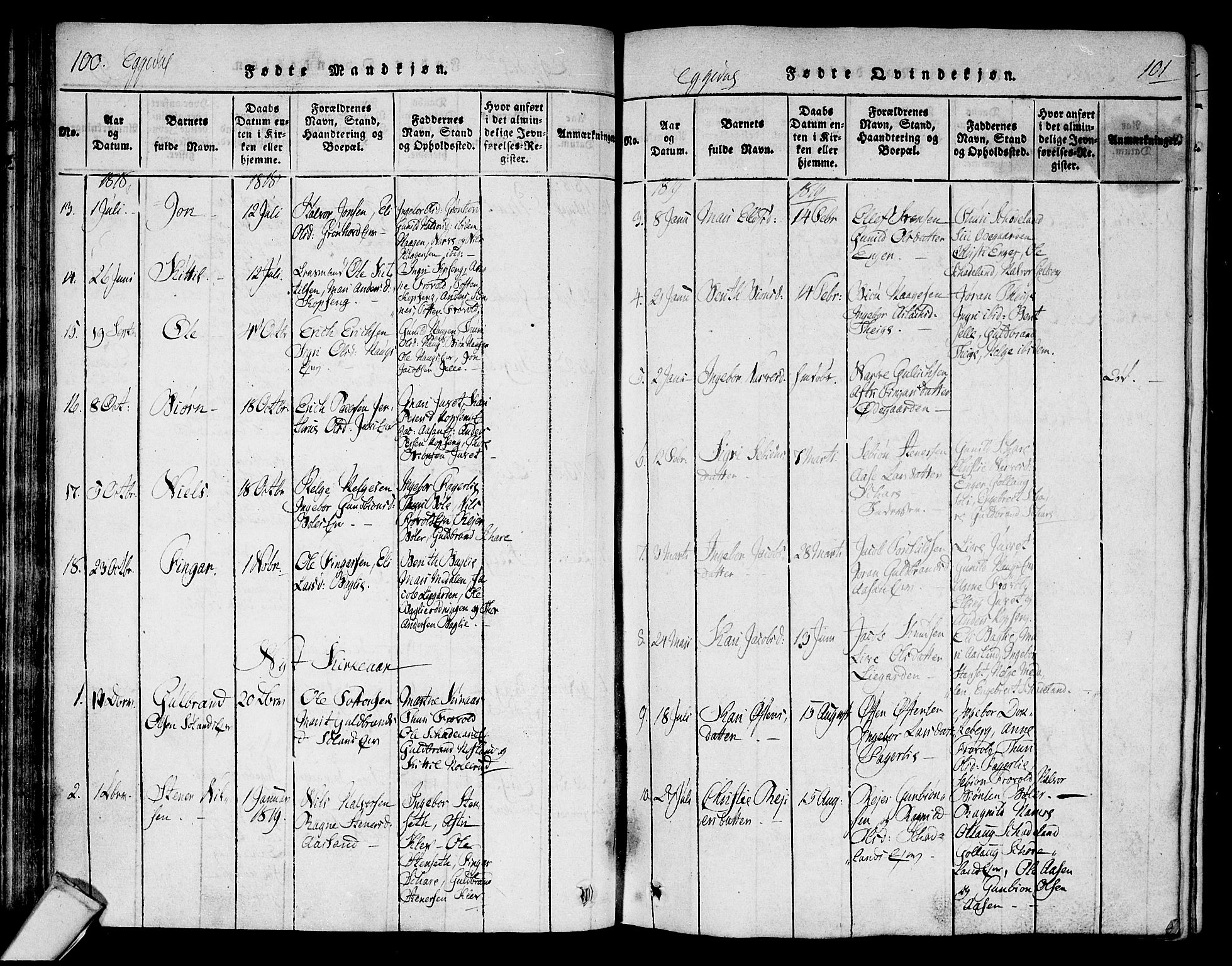 Sigdal kirkebøker, AV/SAKO-A-245/F/Fa/L0005: Parish register (official) no. I 5 /2, 1815-1829, p. 100-101