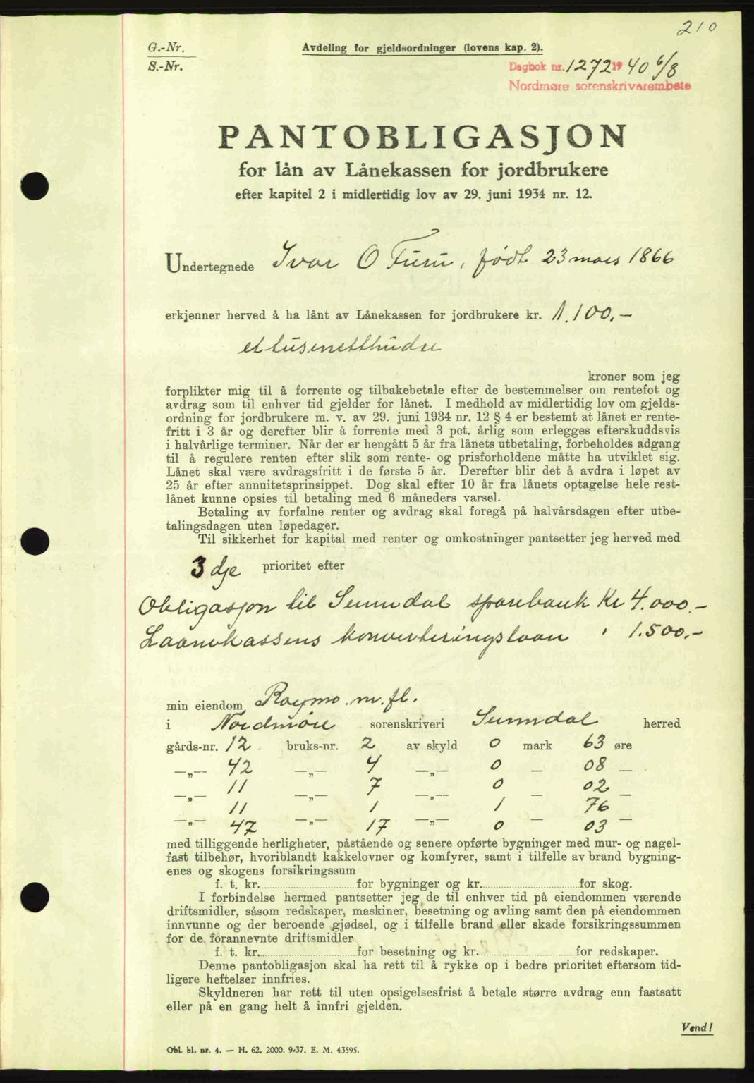 Nordmøre sorenskriveri, AV/SAT-A-4132/1/2/2Ca: Mortgage book no. B87, 1940-1941, Diary no: : 1272/1940