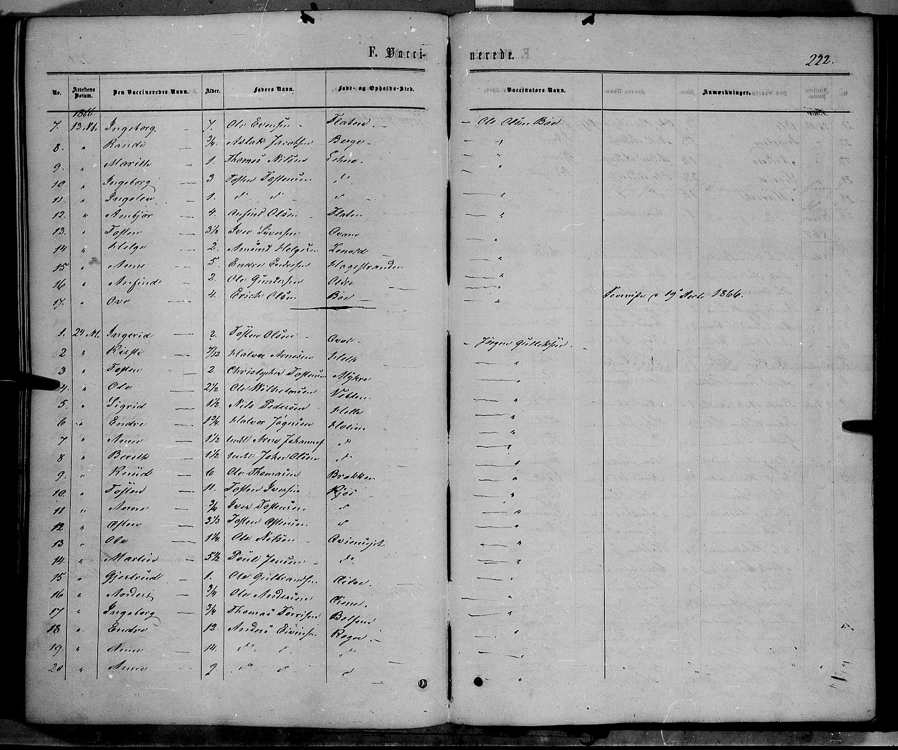 Vang prestekontor, Valdres, SAH/PREST-140/H/Ha/L0007: Parish register (official) no. 7, 1865-1881, p. 222