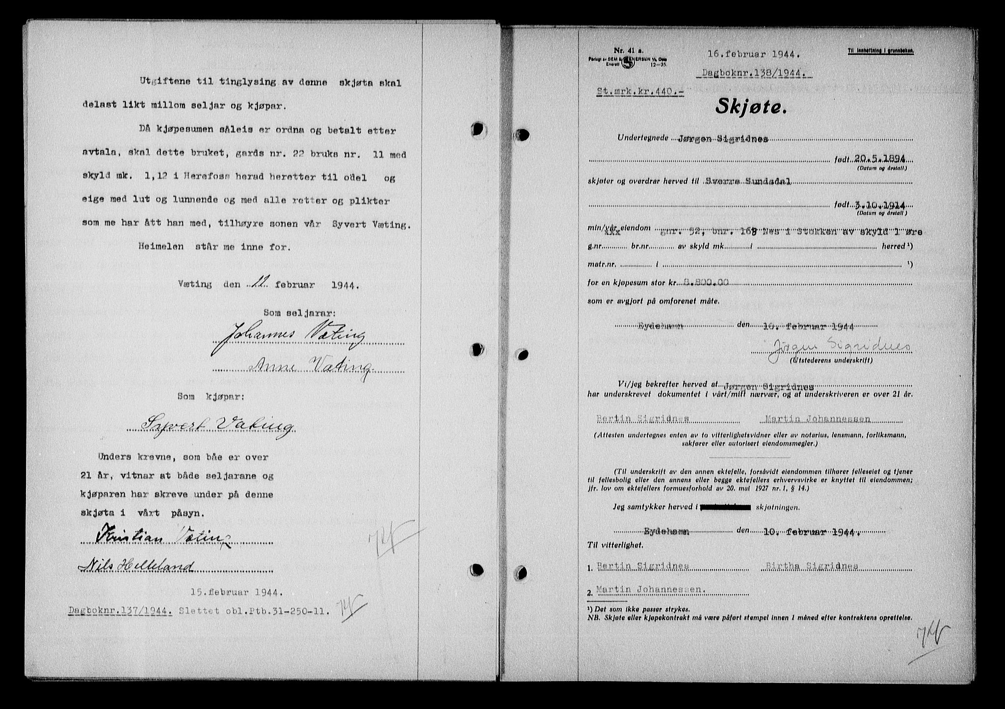 Nedenes sorenskriveri, AV/SAK-1221-0006/G/Gb/Gba/L0051: Mortgage book no. A-V, 1943-1944, Diary no: : 138/1944