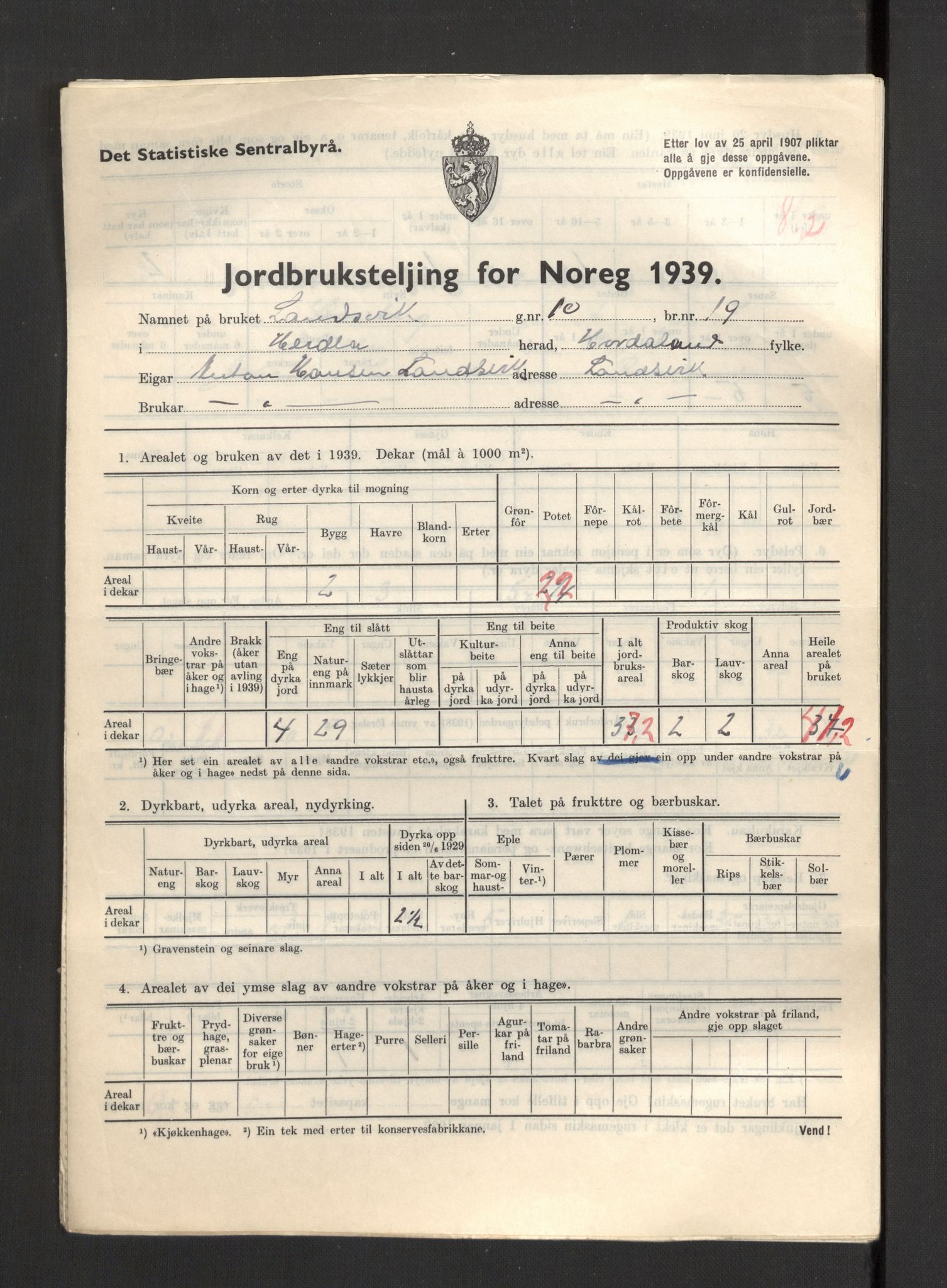 Statistisk sentralbyrå, Næringsøkonomiske emner, Jordbruk, skogbruk, jakt, fiske og fangst, AV/RA-S-2234/G/Gb/L0211: Hordaland: Herdla, Hjelme og Manger, 1939, p. 1005