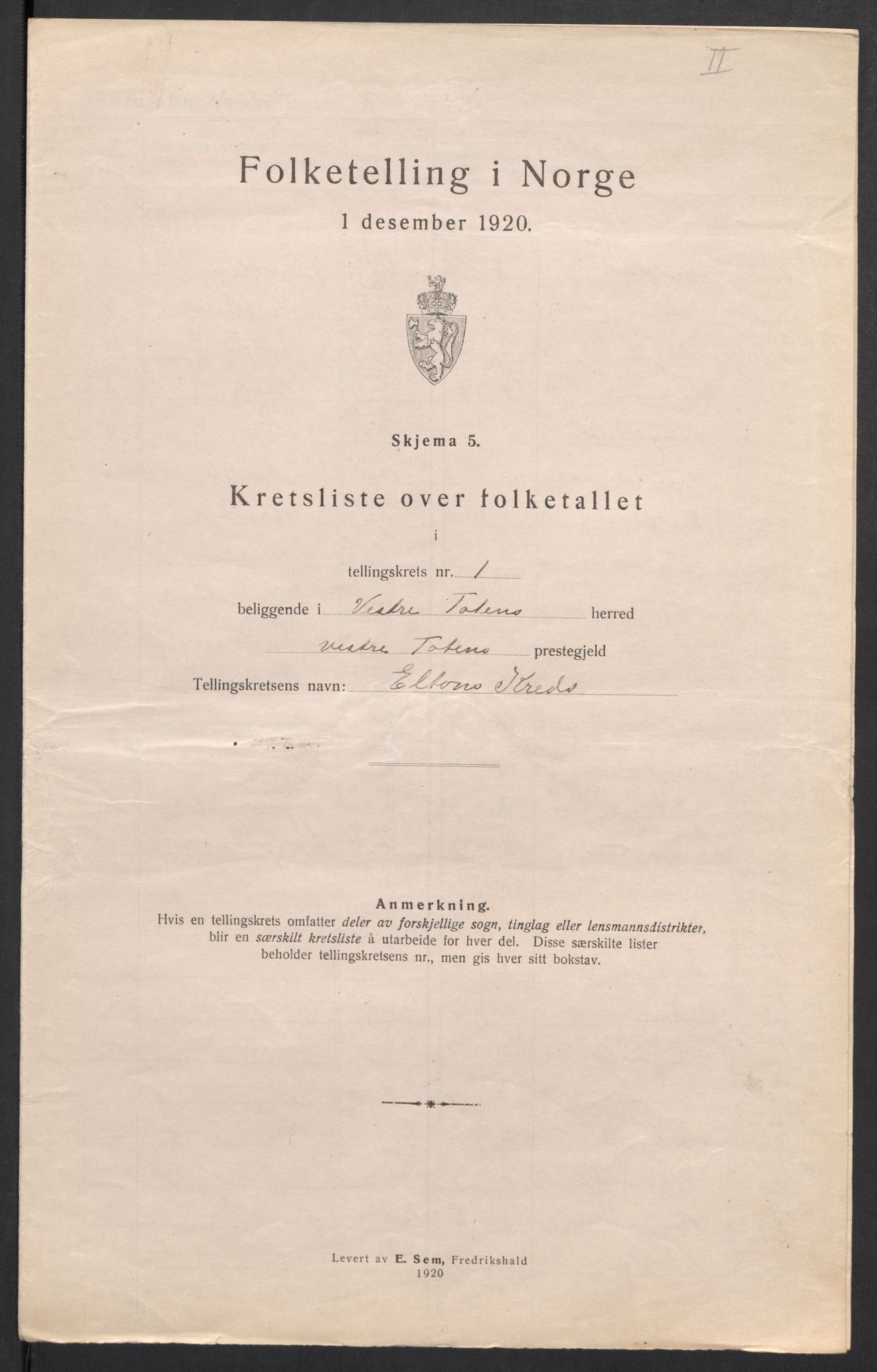 SAH, 1920 census for Vestre Toten, 1920, p. 11