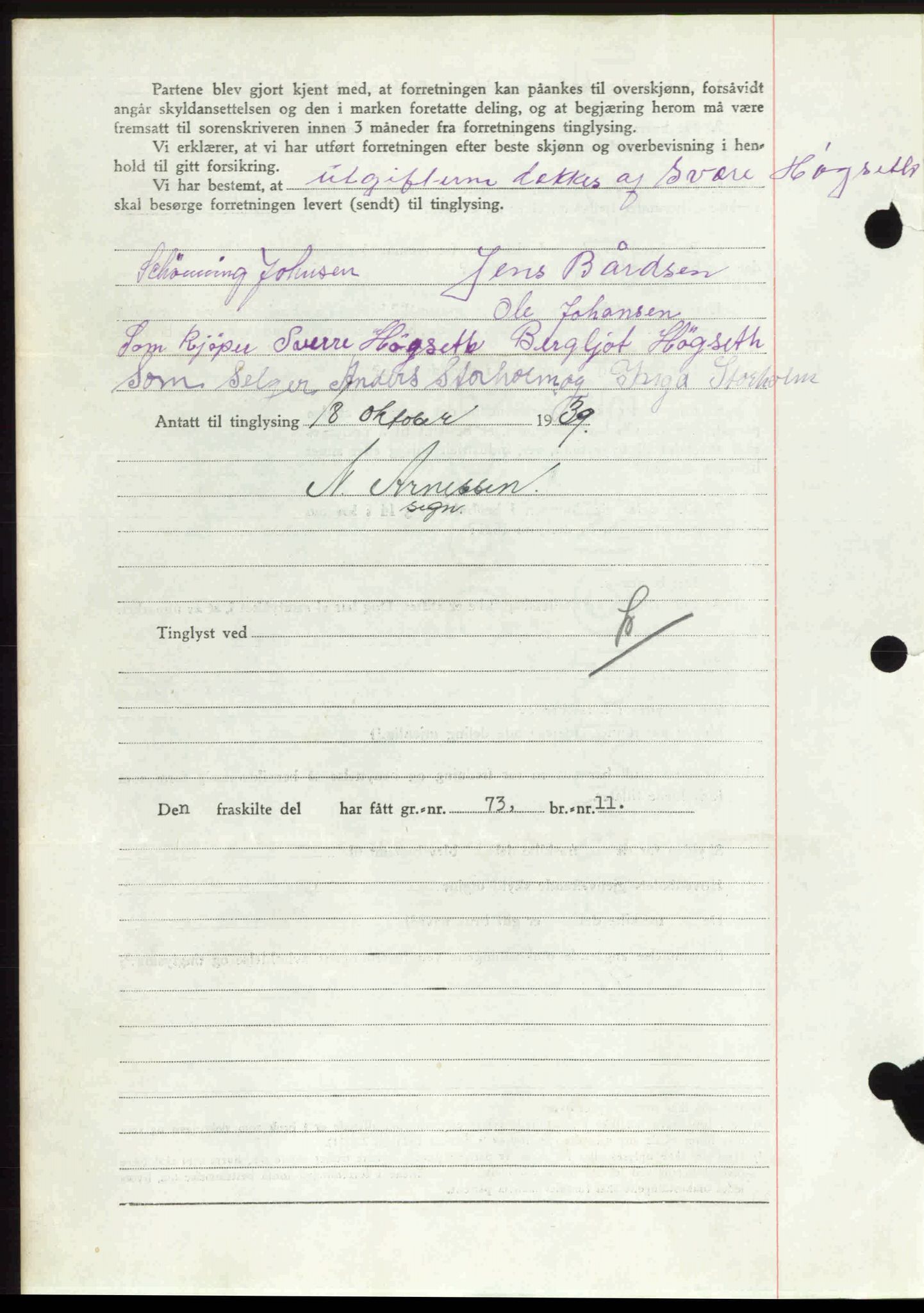 Rana sorenskriveri , SAT/A-1108/1/2/2C: Mortgage book no. A 6, 1939-1940, Diary no: : 1605/1939
