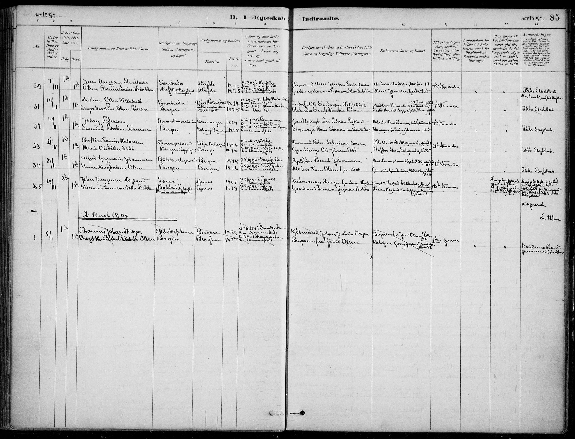 Mariakirken Sokneprestembete, AV/SAB-A-76901/H/Hab/L0008: Parish register (copy) no. A 8, 1889-1908, p. 85