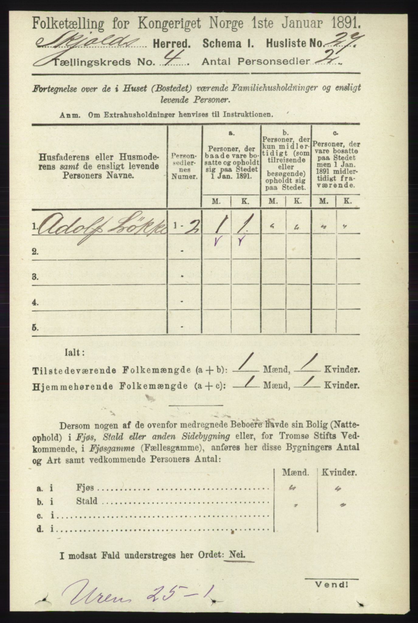 RA, 1891 census for 1154 Skjold, 1891, p. 537