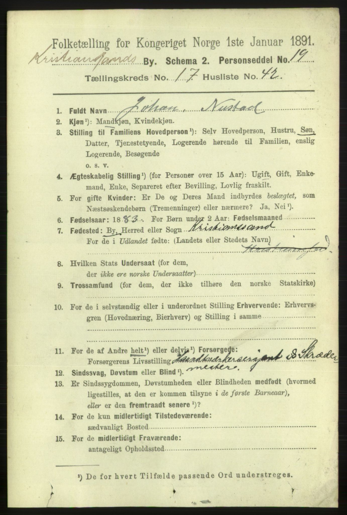 RA, 1891 census for 1001 Kristiansand, 1891, p. 7189