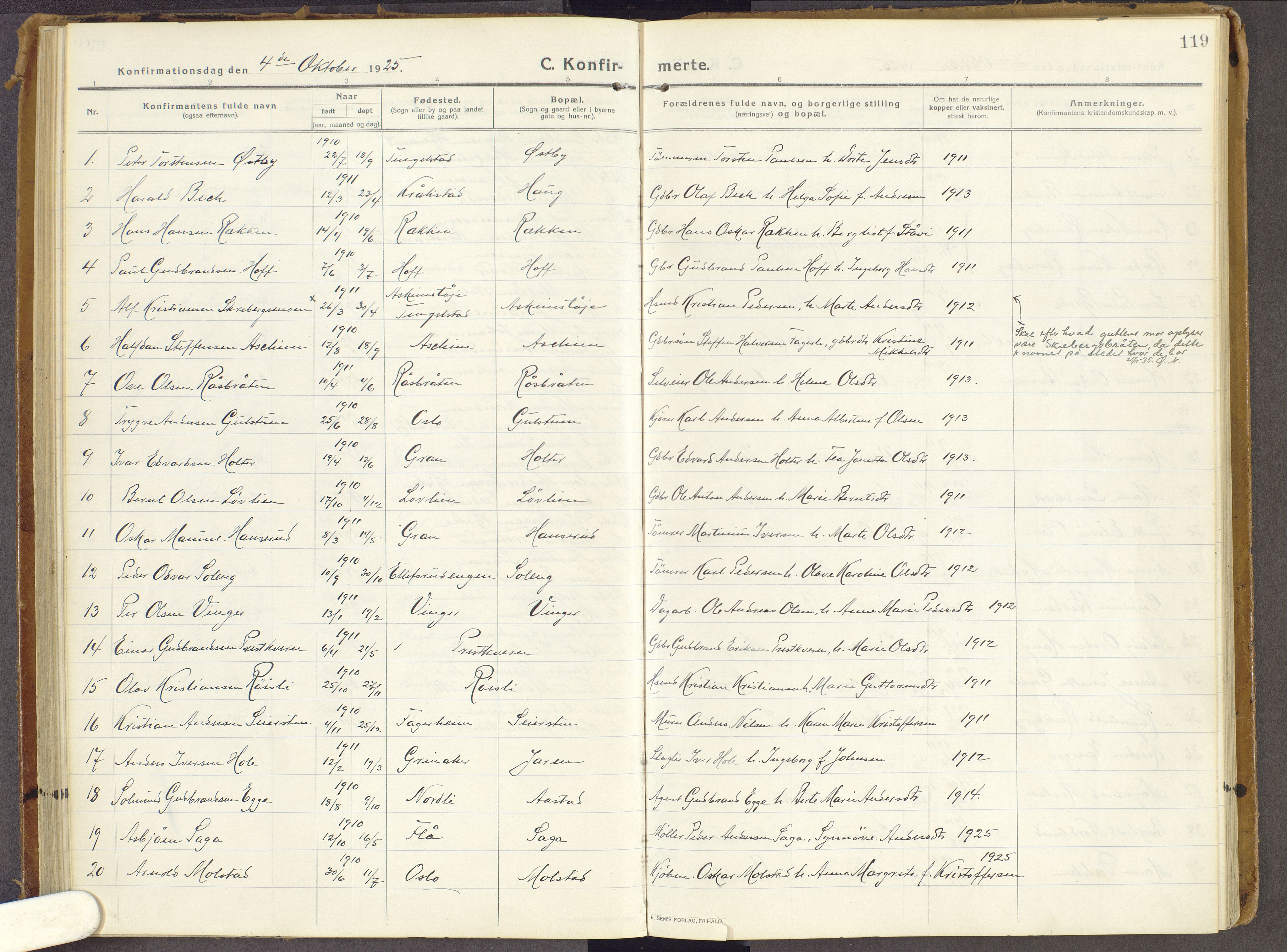 Brandbu prestekontor, SAH/PREST-114/H/Ha/Haa/L0003: Parish register (official) no. 3, 1914-1928, p. 119