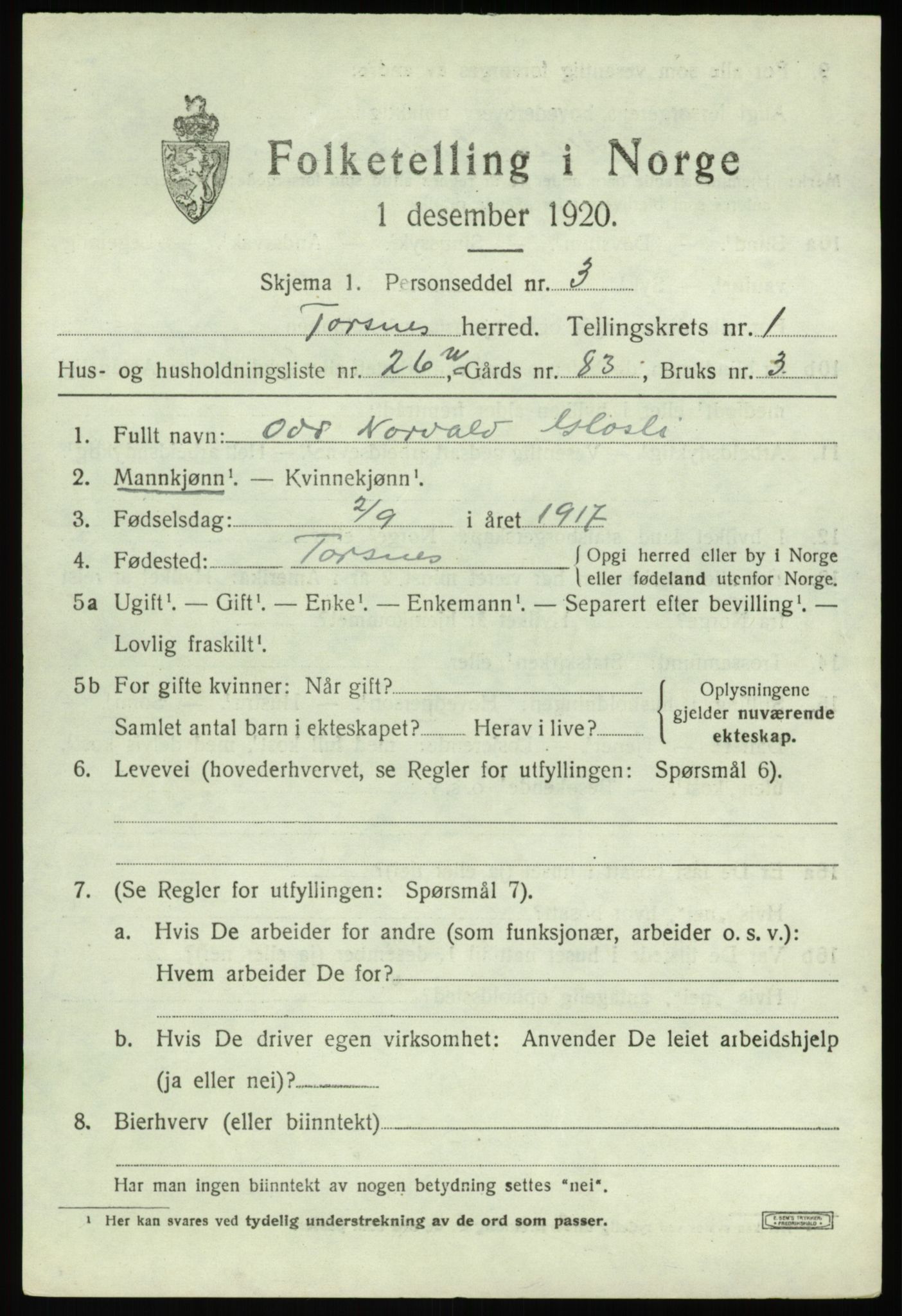 SAO, 1920 census for Torsnes, 1920, p. 745