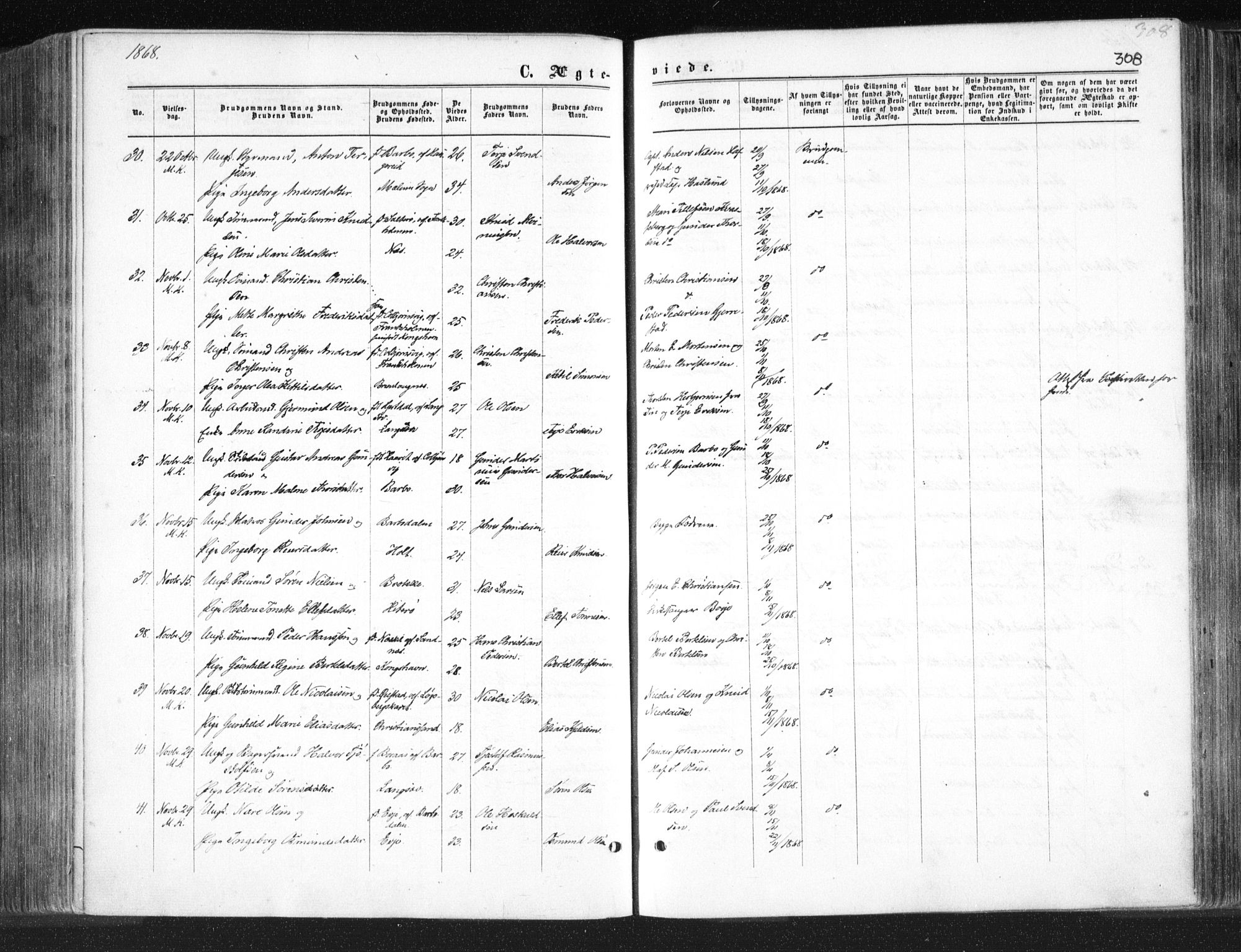 Tromøy sokneprestkontor, SAK/1111-0041/F/Fa/L0007: Parish register (official) no. A 7, 1864-1869, p. 308