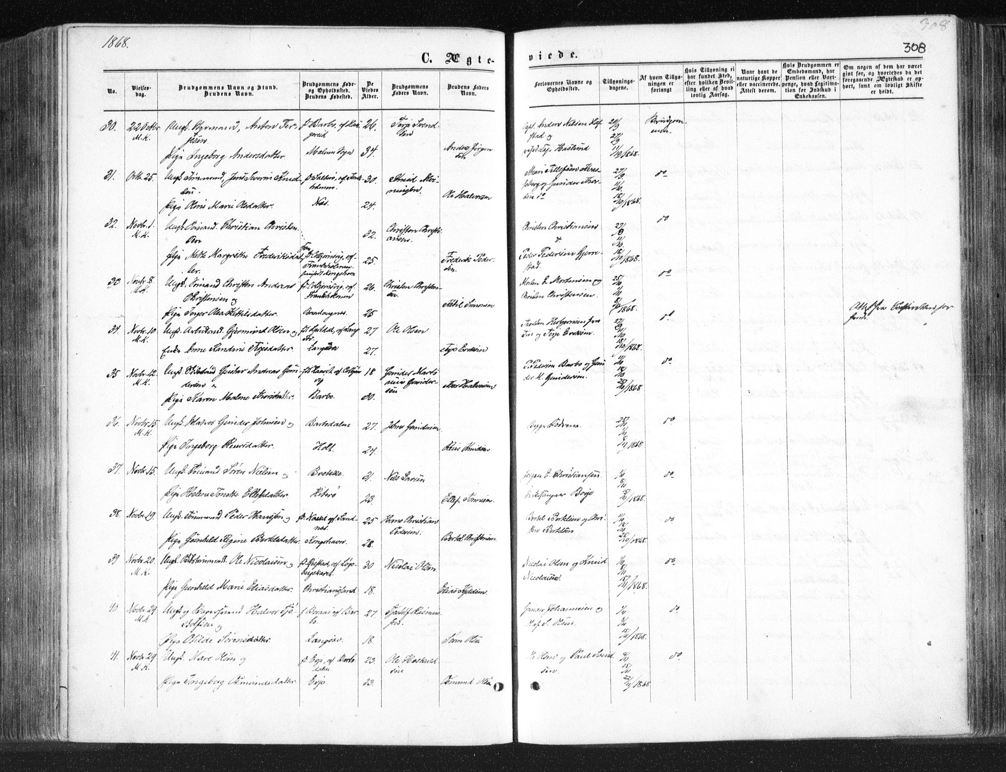 Tromøy sokneprestkontor, AV/SAK-1111-0041/F/Fa/L0007: Parish register (official) no. A 7, 1864-1869, p. 308