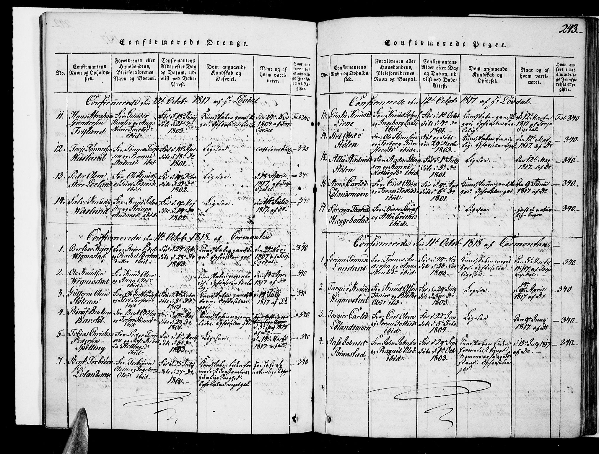 Nord-Audnedal sokneprestkontor, AV/SAK-1111-0032/F/Fa/Fab/L0001: Parish register (official) no. A 1, 1816-1858, p. 243