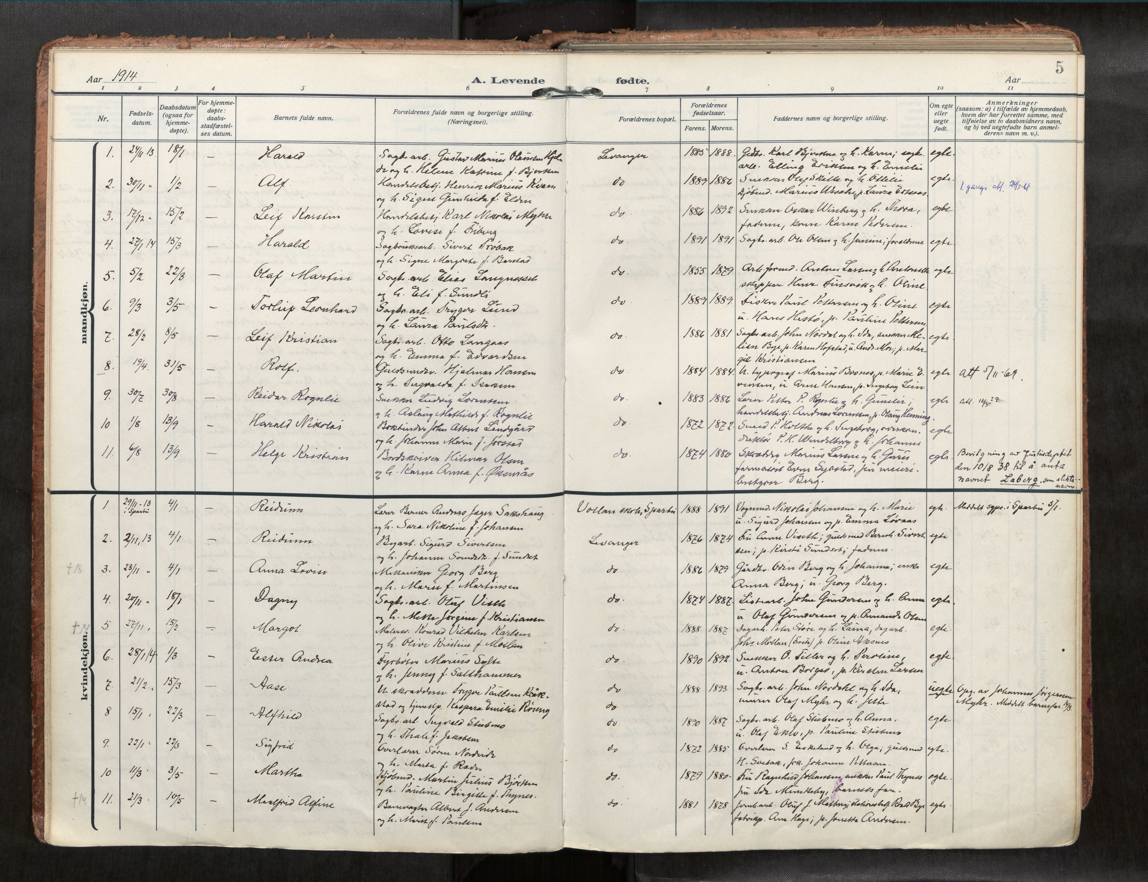 Levanger sokneprestkontor, SAT/A-1301/2/H/Haa/L0001: Parish register (official) no. 1, 1912-1932, p. 5