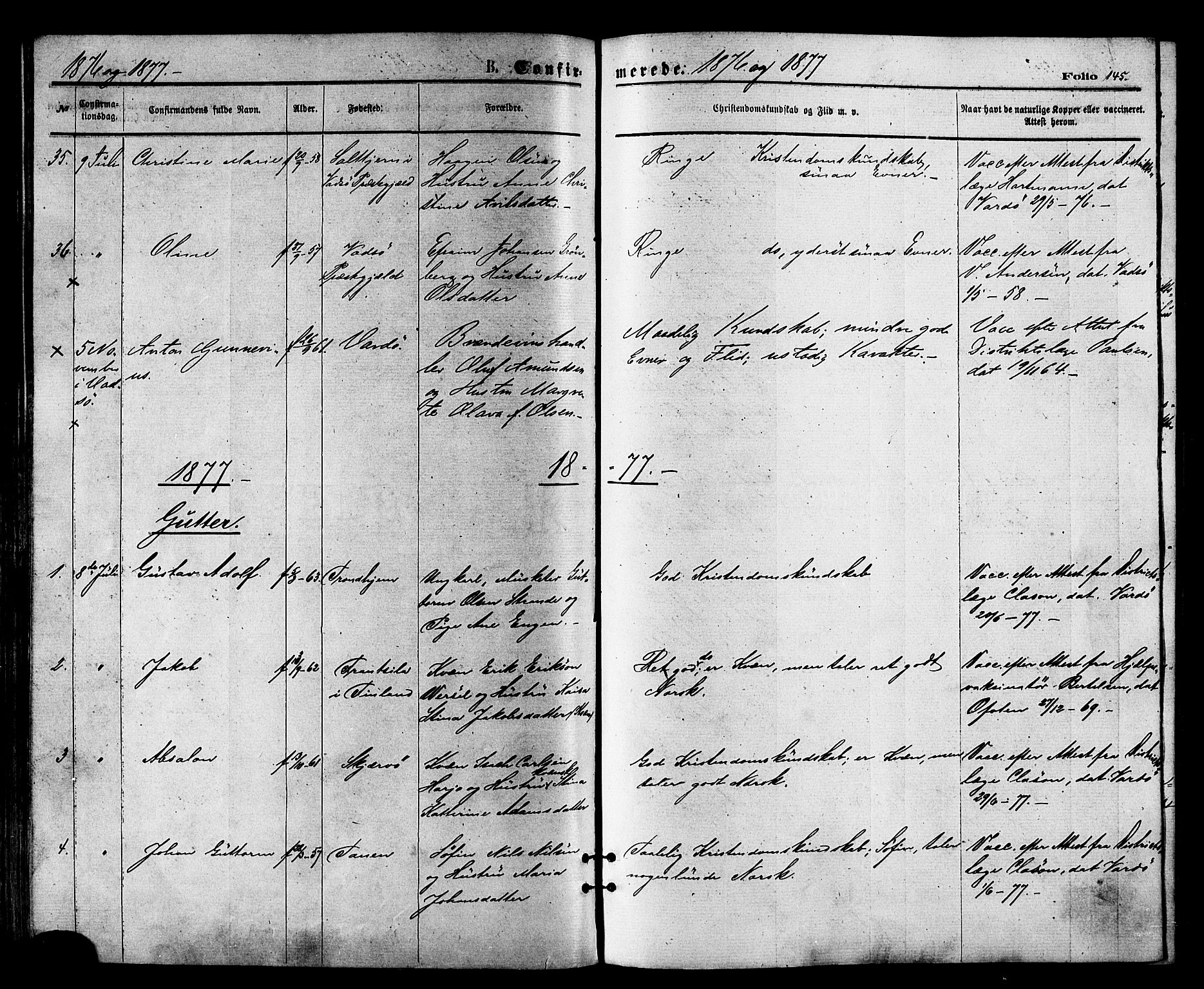 Vardø sokneprestkontor, SATØ/S-1332/H/Ha/L0005kirke: Parish register (official) no. 5, 1872-1878, p. 145