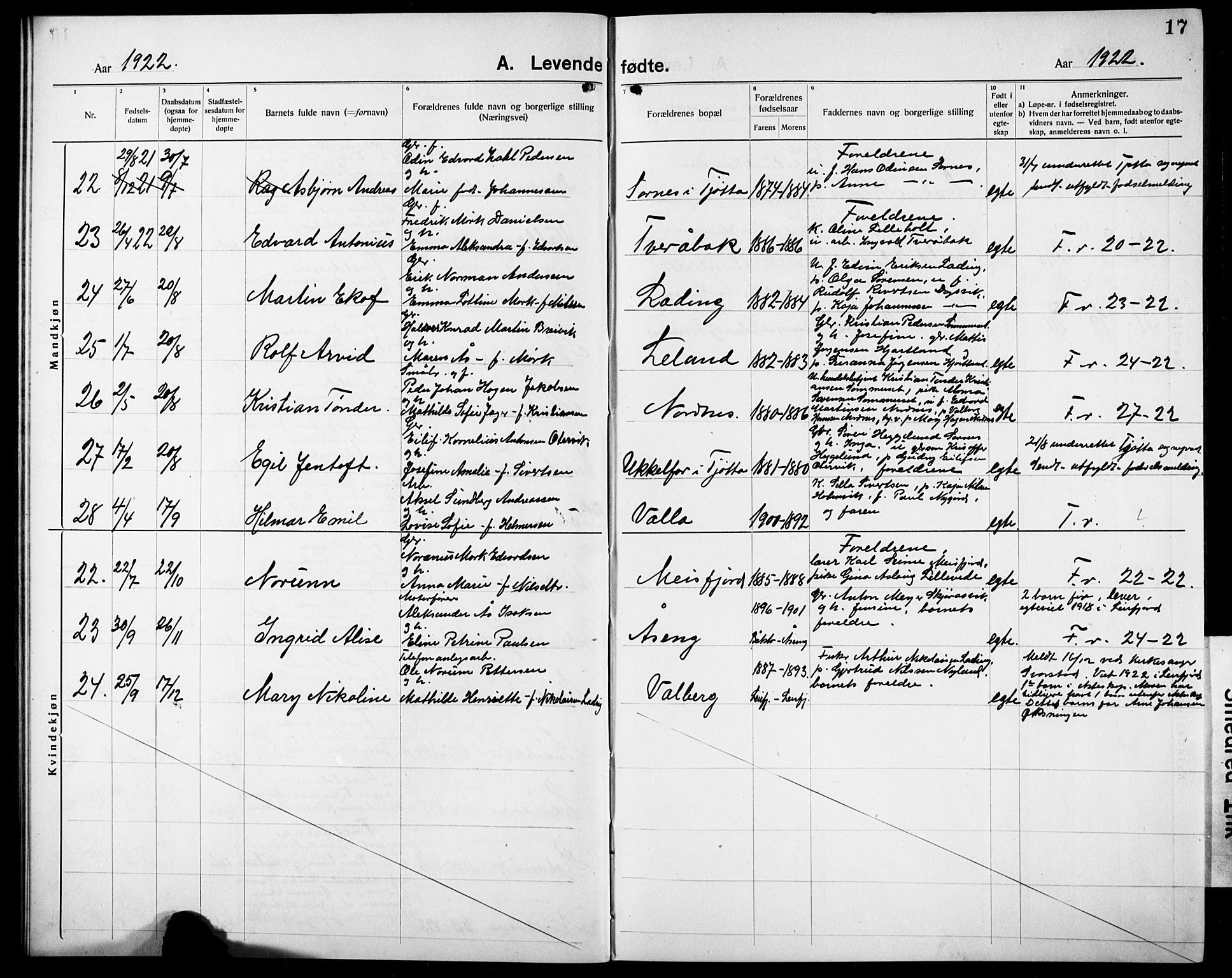 Ministerialprotokoller, klokkerbøker og fødselsregistre - Nordland, AV/SAT-A-1459/832/L0495: Parish register (copy) no. 832C02, 1920-1932, p. 17