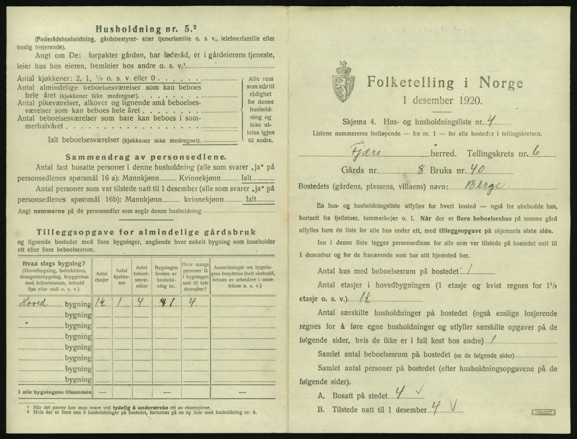 SAK, 1920 census for Fjære, 1920, p. 1195