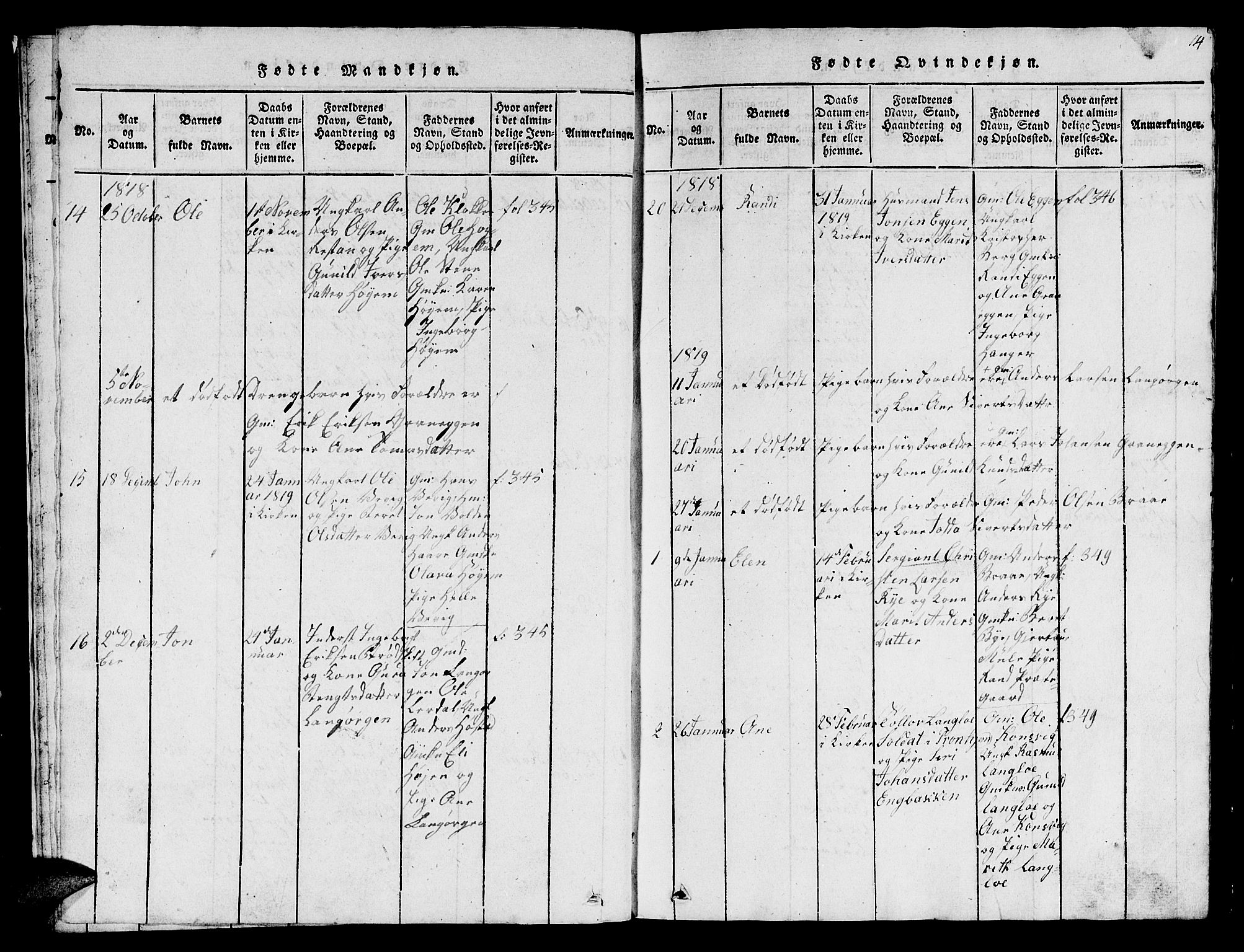 Ministerialprotokoller, klokkerbøker og fødselsregistre - Sør-Trøndelag, AV/SAT-A-1456/612/L0385: Parish register (copy) no. 612C01, 1816-1845, p. 14