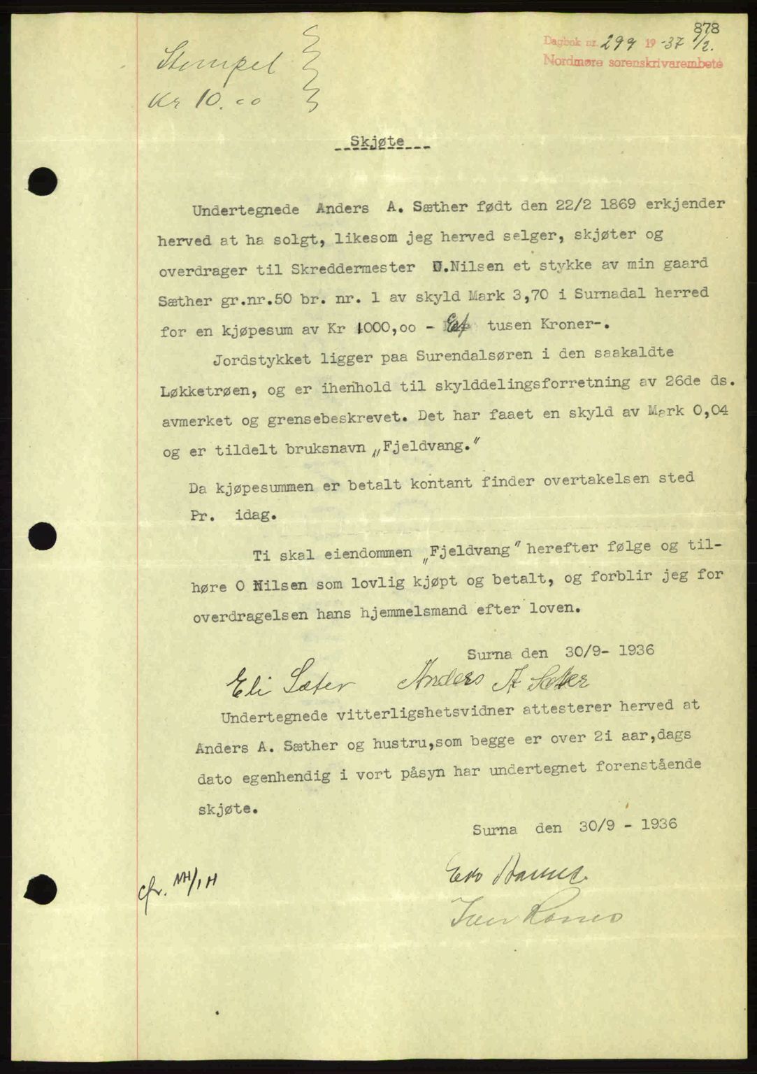 Nordmøre sorenskriveri, AV/SAT-A-4132/1/2/2Ca: Mortgage book no. A80, 1936-1937, Diary no: : 299/1937