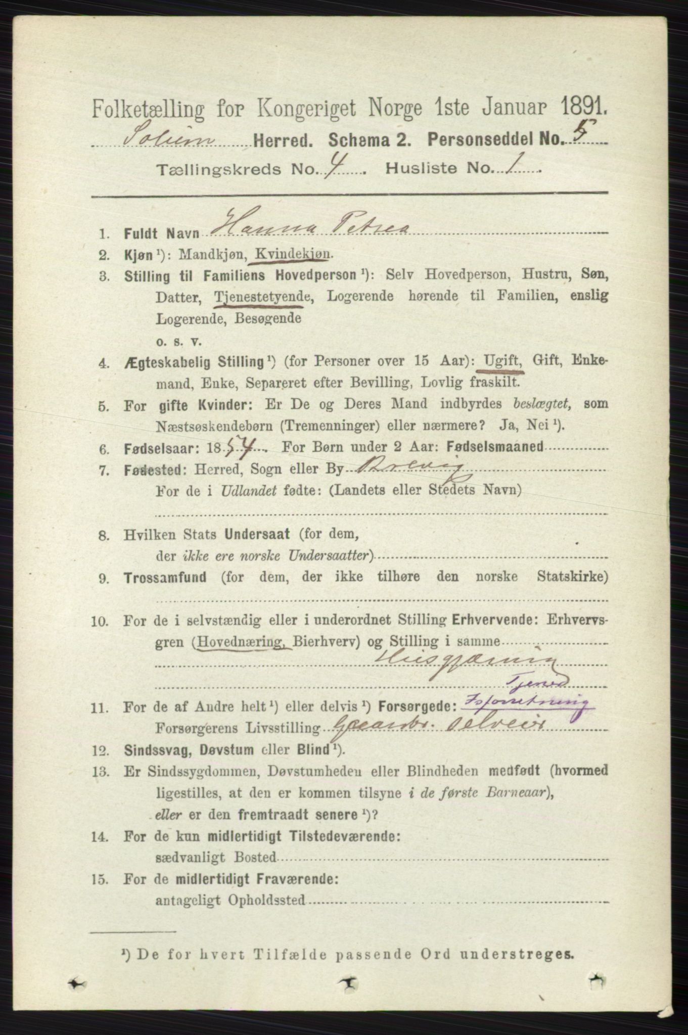 RA, 1891 census for 0818 Solum, 1891, p. 624