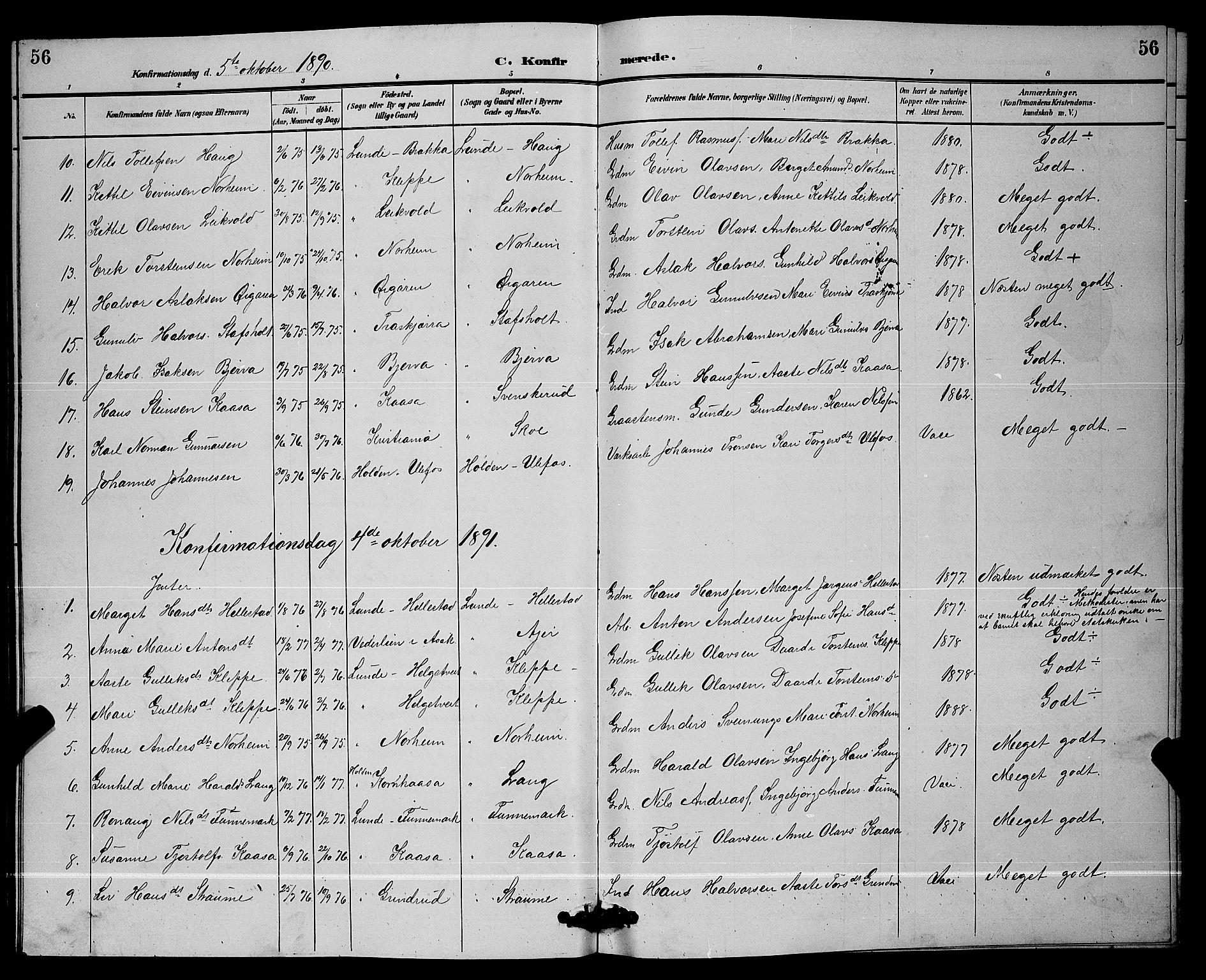 Lunde kirkebøker, SAKO/A-282/G/Ga/L0002: Parish register (copy) no. I 2, 1887-1896, p. 56