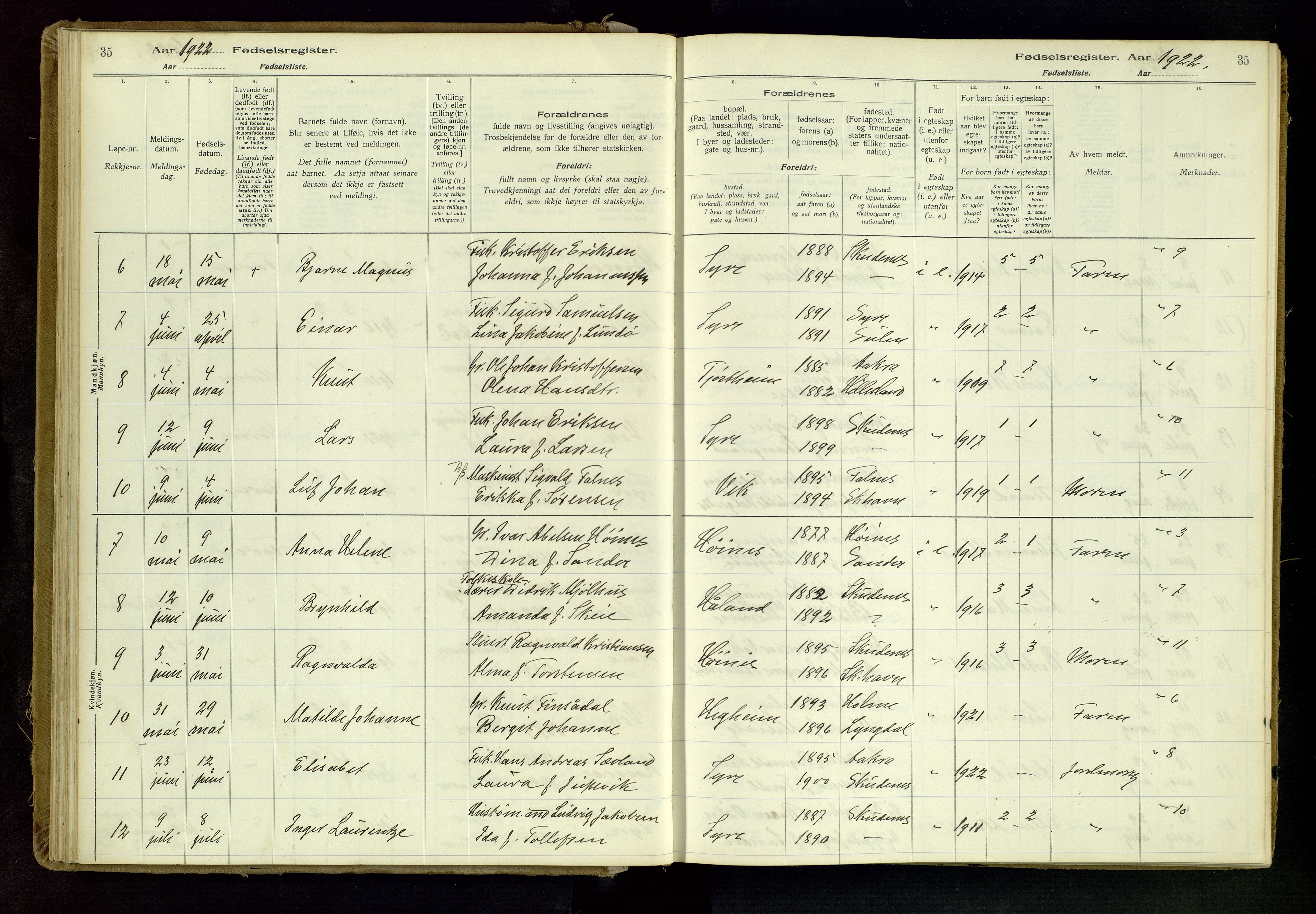 Skudenes sokneprestkontor, AV/SAST-A -101849/I/Id/L0001: Birth register no. 1, 1916-1964, p. 35