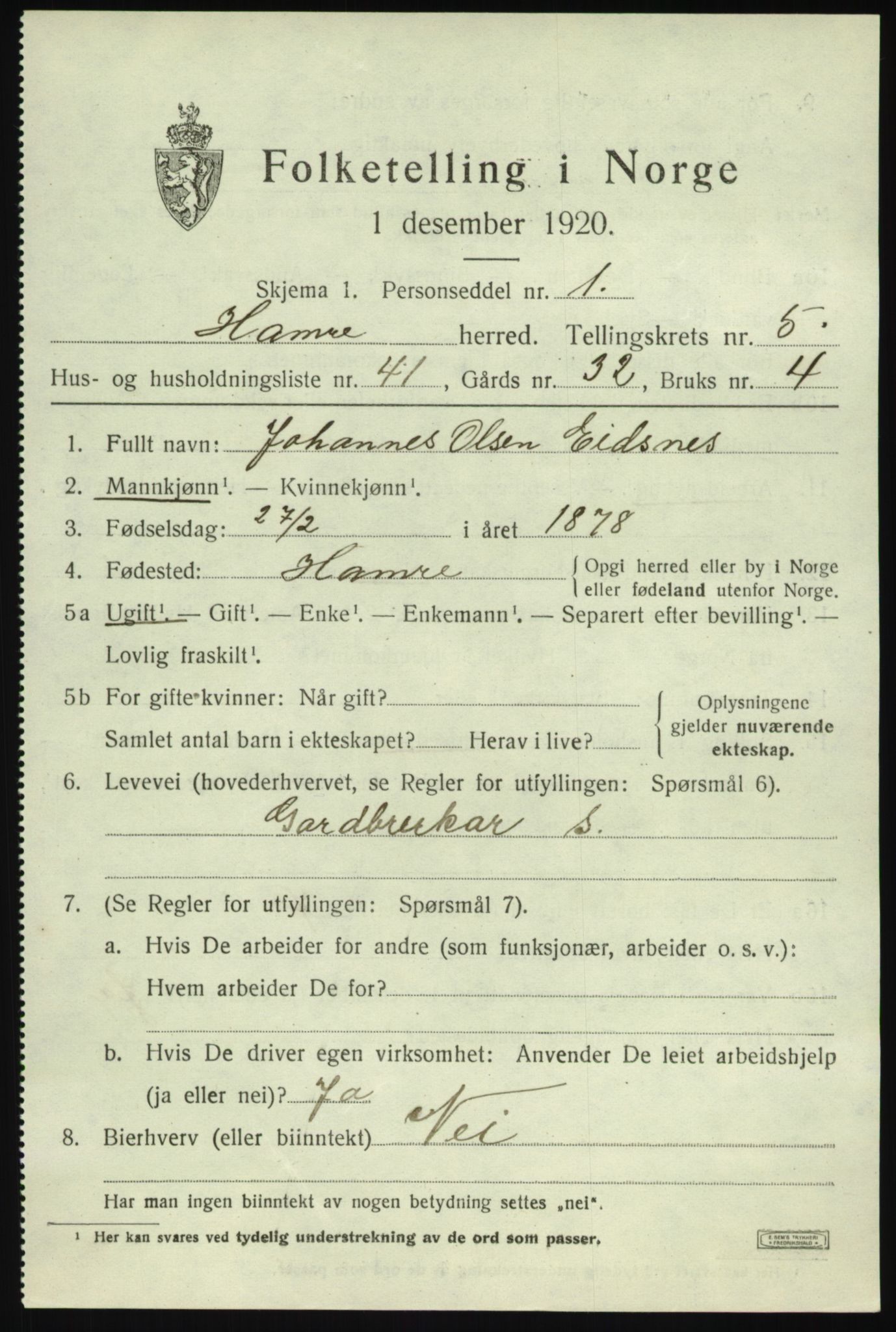 SAB, 1920 census for Hamre, 1920, p. 3407