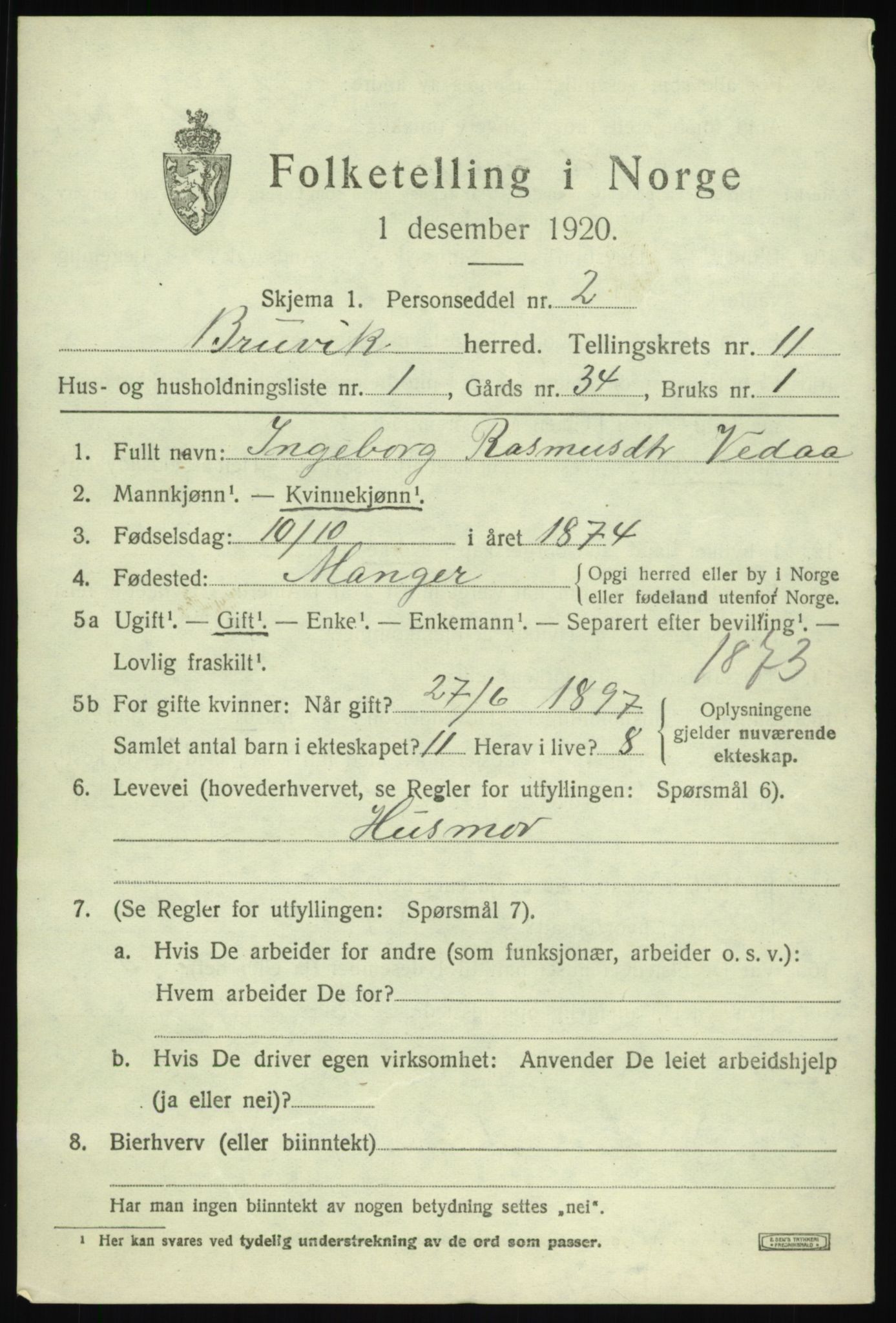 SAB, 1920 census for Bruvik, 1920, p. 7700