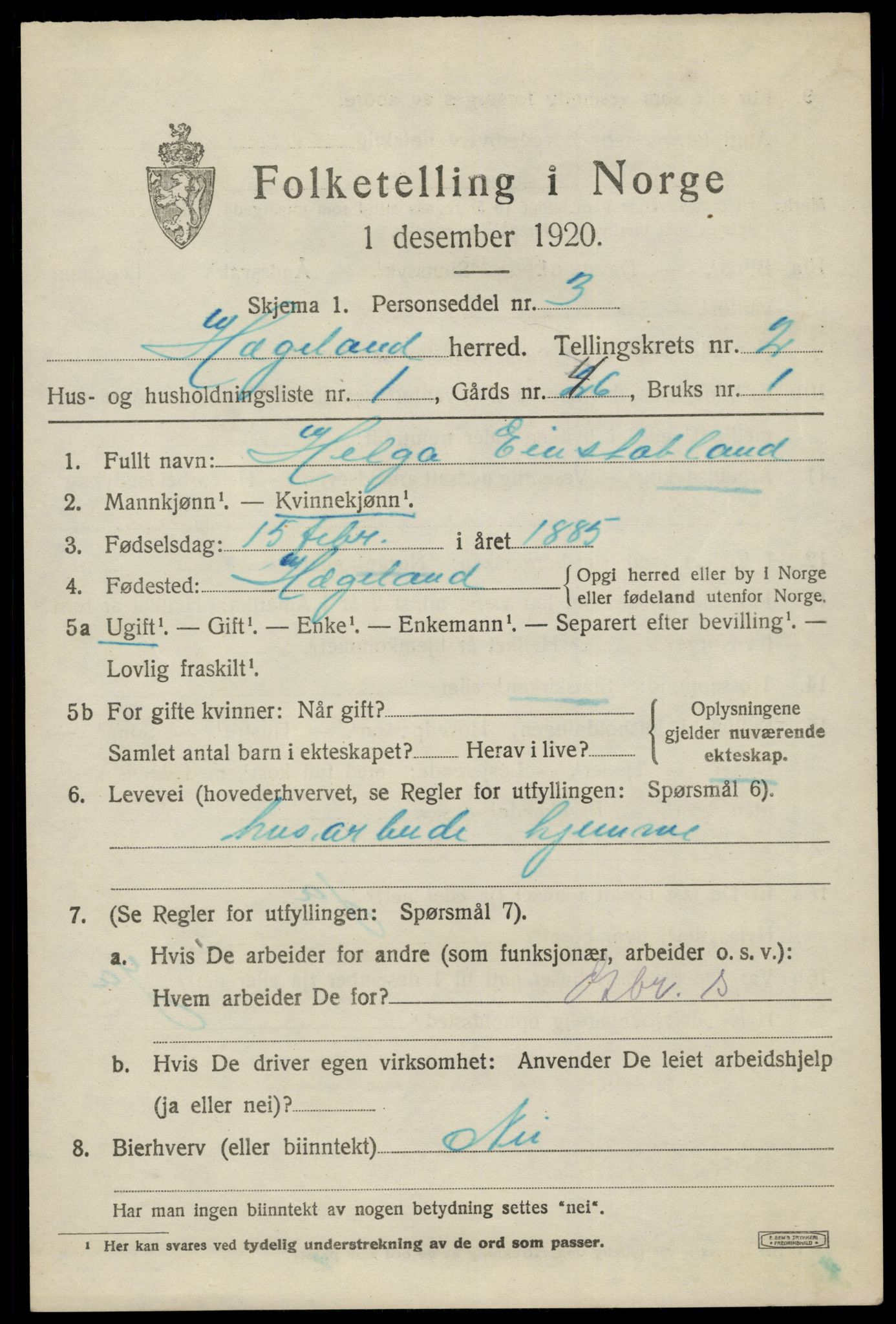 SAK, 1920 census for Hægeland, 1920, p. 615