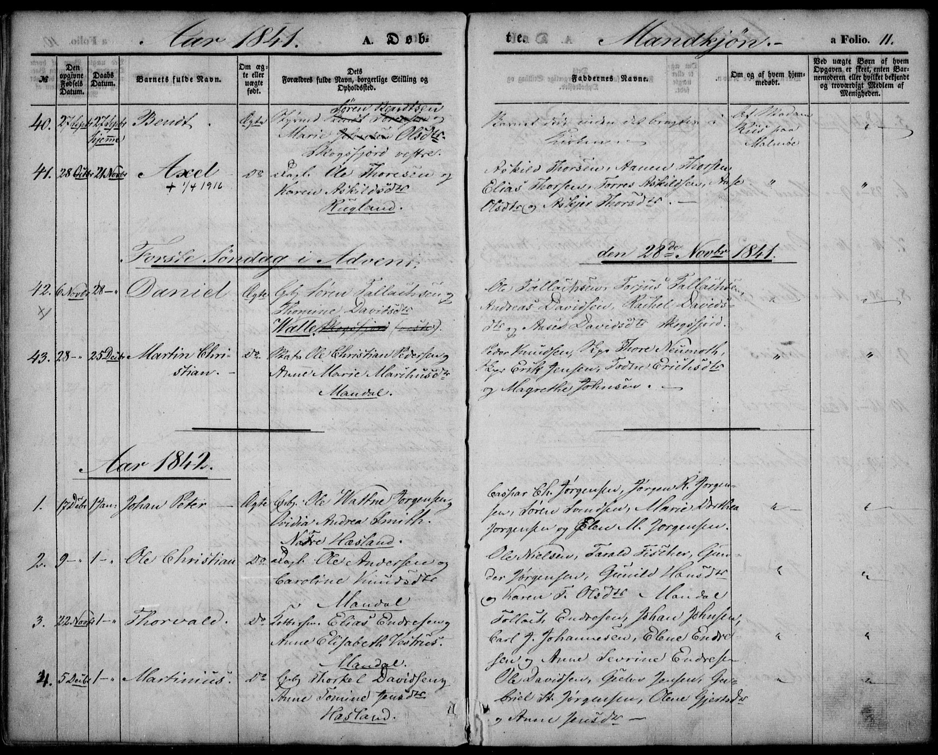 Mandal sokneprestkontor, SAK/1111-0030/F/Fa/Faa/L0012: Parish register (official) no. A 12, 1840-1847, p. 11