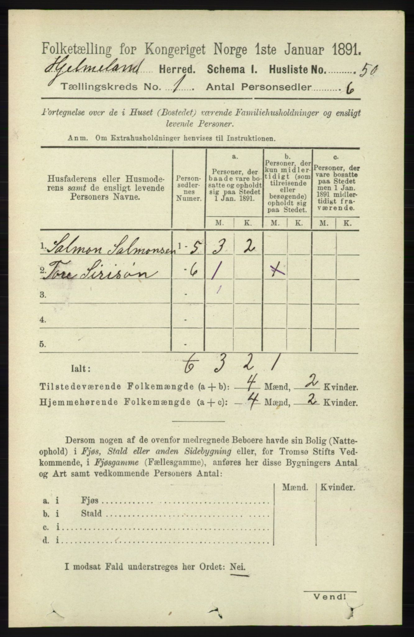 RA, 1891 census for 1133 Hjelmeland, 1891, p. 72