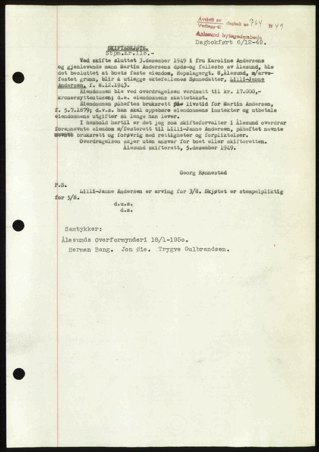Ålesund byfogd, AV/SAT-A-4384: Mortgage book no. 37A (2), 1949-1950, Diary no: : 764/1949