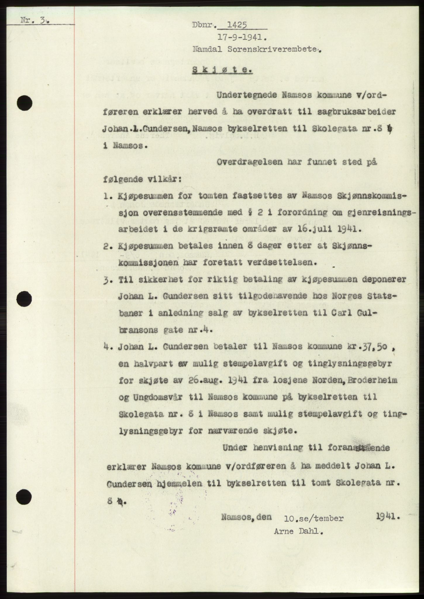 Namdal sorenskriveri, SAT/A-4133/1/2/2C: Mortgage book no. -, 1941-1942, Diary no: : 1425/1941