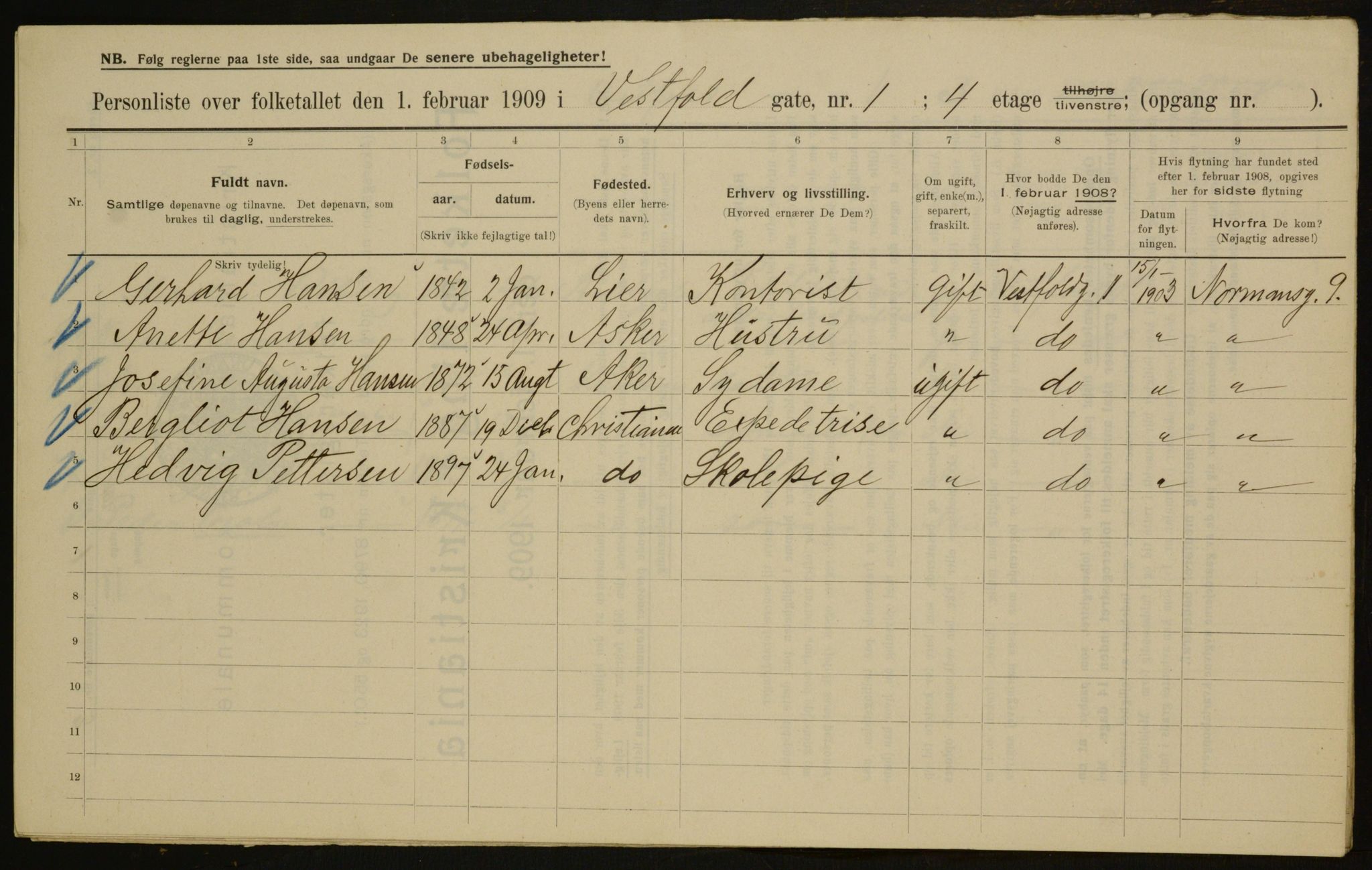 OBA, Municipal Census 1909 for Kristiania, 1909, p. 111009