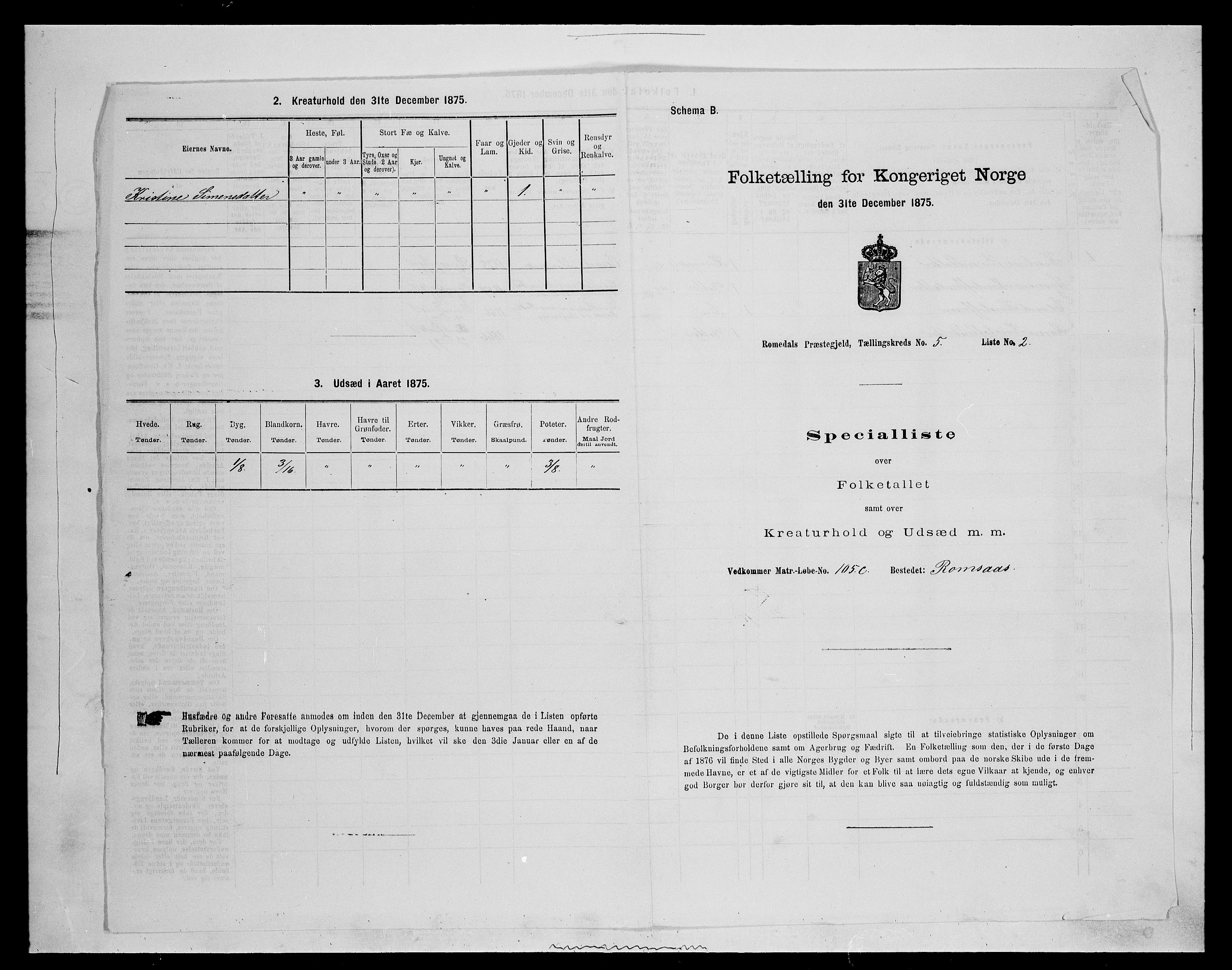 SAH, 1875 census for 0416P Romedal, 1875, p. 719