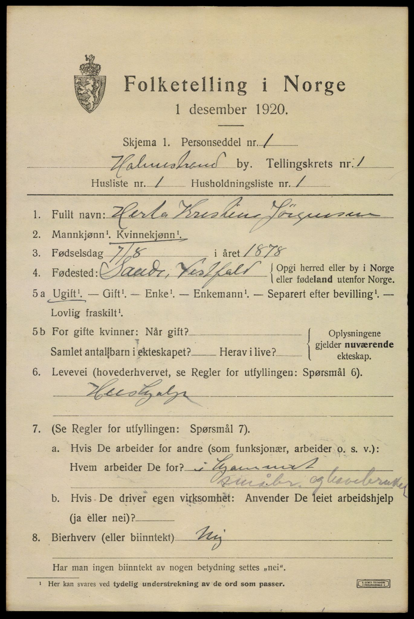 SAKO, 1920 census for Holmestrand, 1920, p. 1776