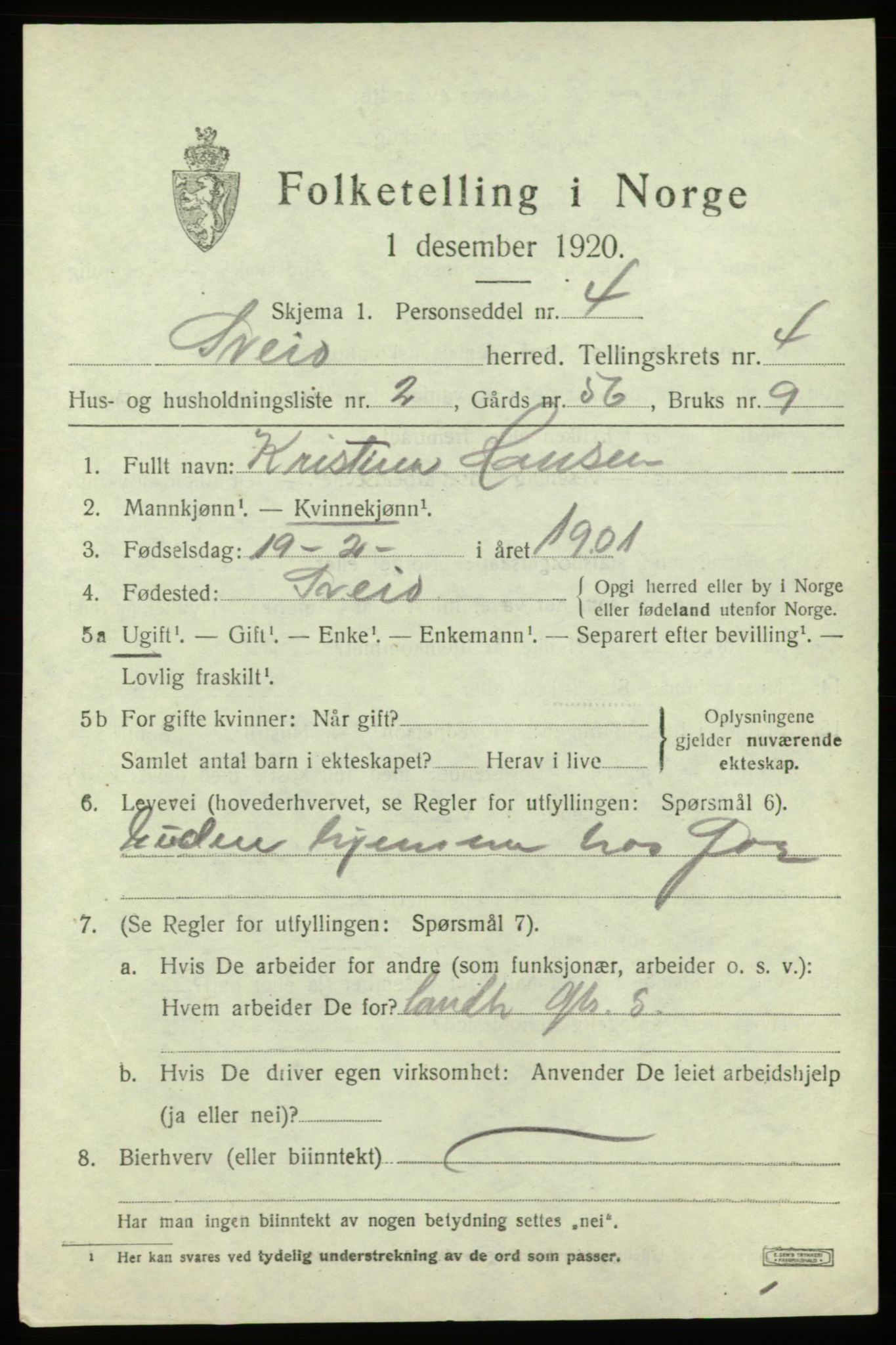 SAB, 1920 census for Sveio, 1920, p. 2034