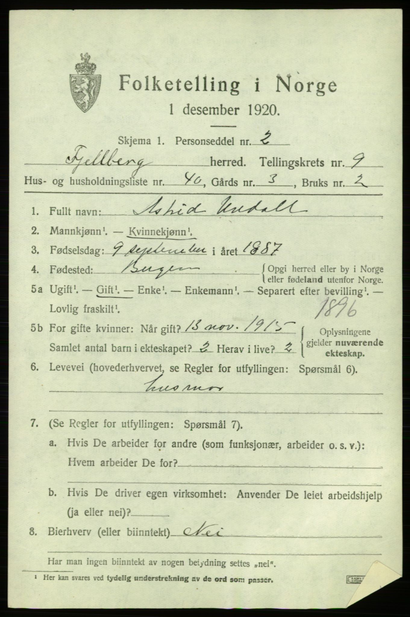 SAB, 1920 census for Fjelberg, 1920, p. 4423