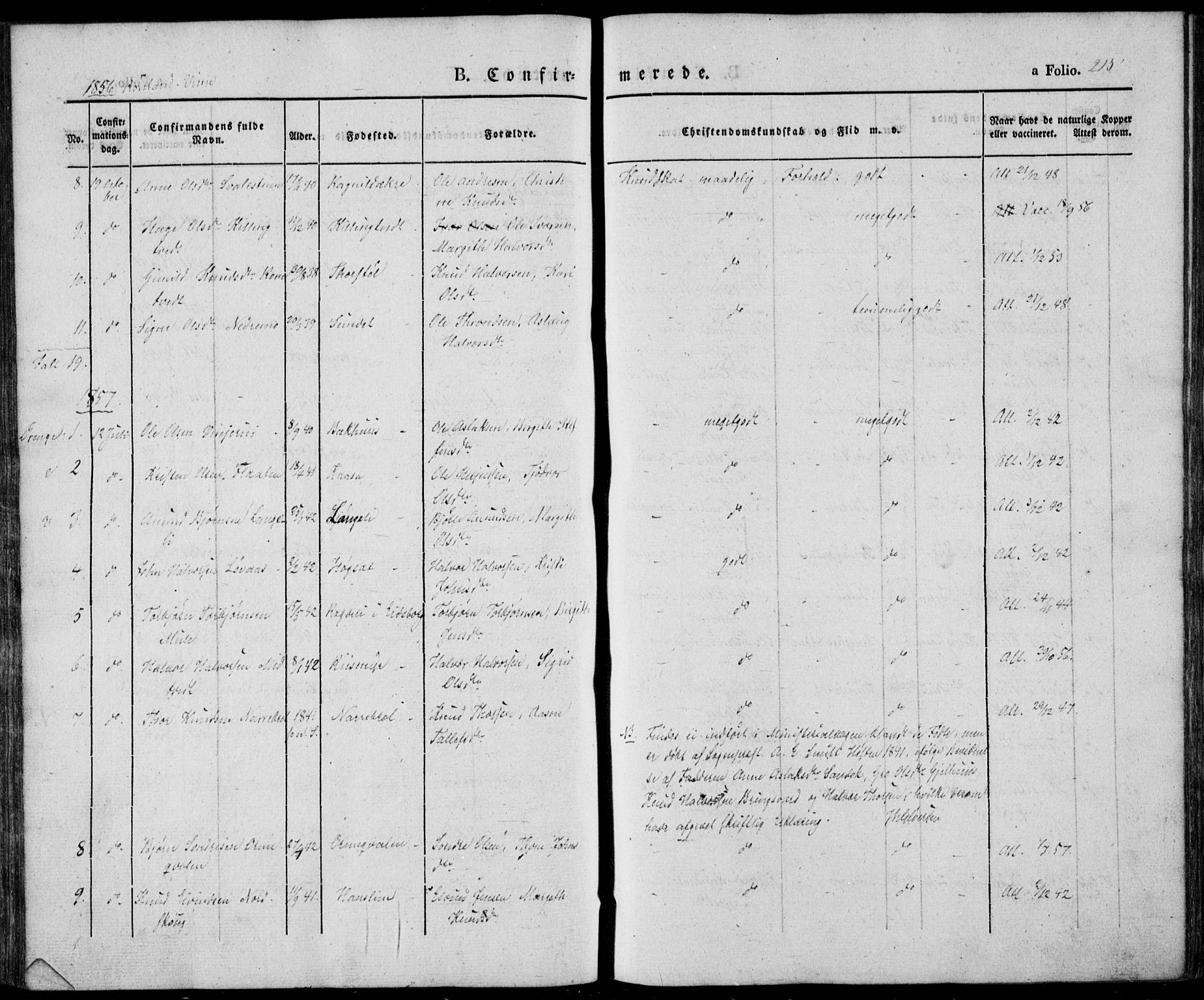Vinje kirkebøker, SAKO/A-312/F/Fa/L0004: Parish register (official) no. I 4, 1843-1869, p. 215