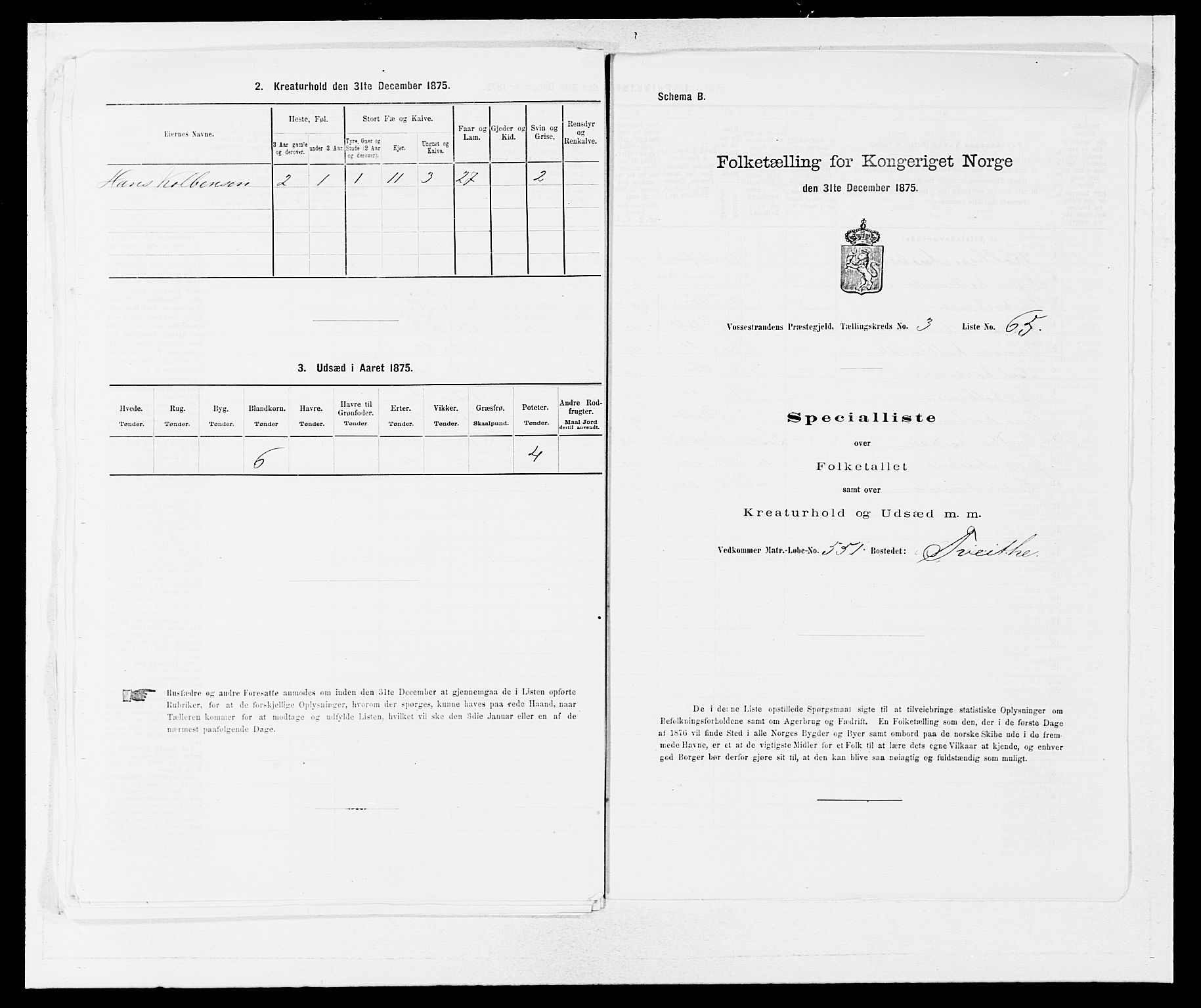 SAB, 1875 census for 1236P Vossestrand, 1875, p. 329