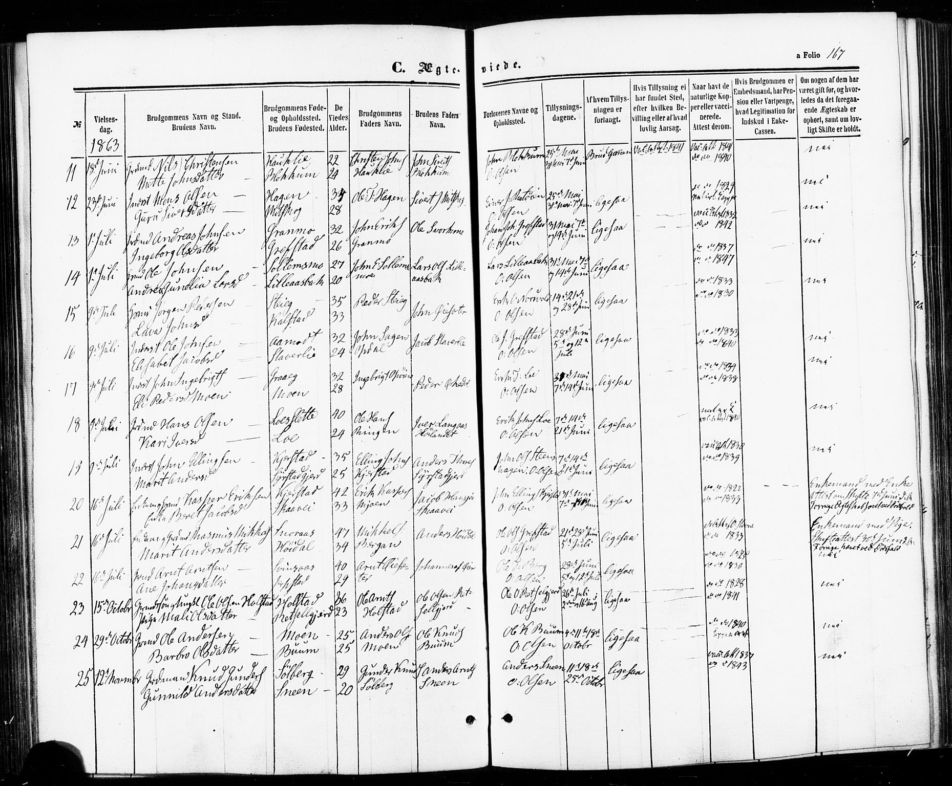Ministerialprotokoller, klokkerbøker og fødselsregistre - Sør-Trøndelag, SAT/A-1456/672/L0856: Parish register (official) no. 672A08, 1861-1881, p. 167