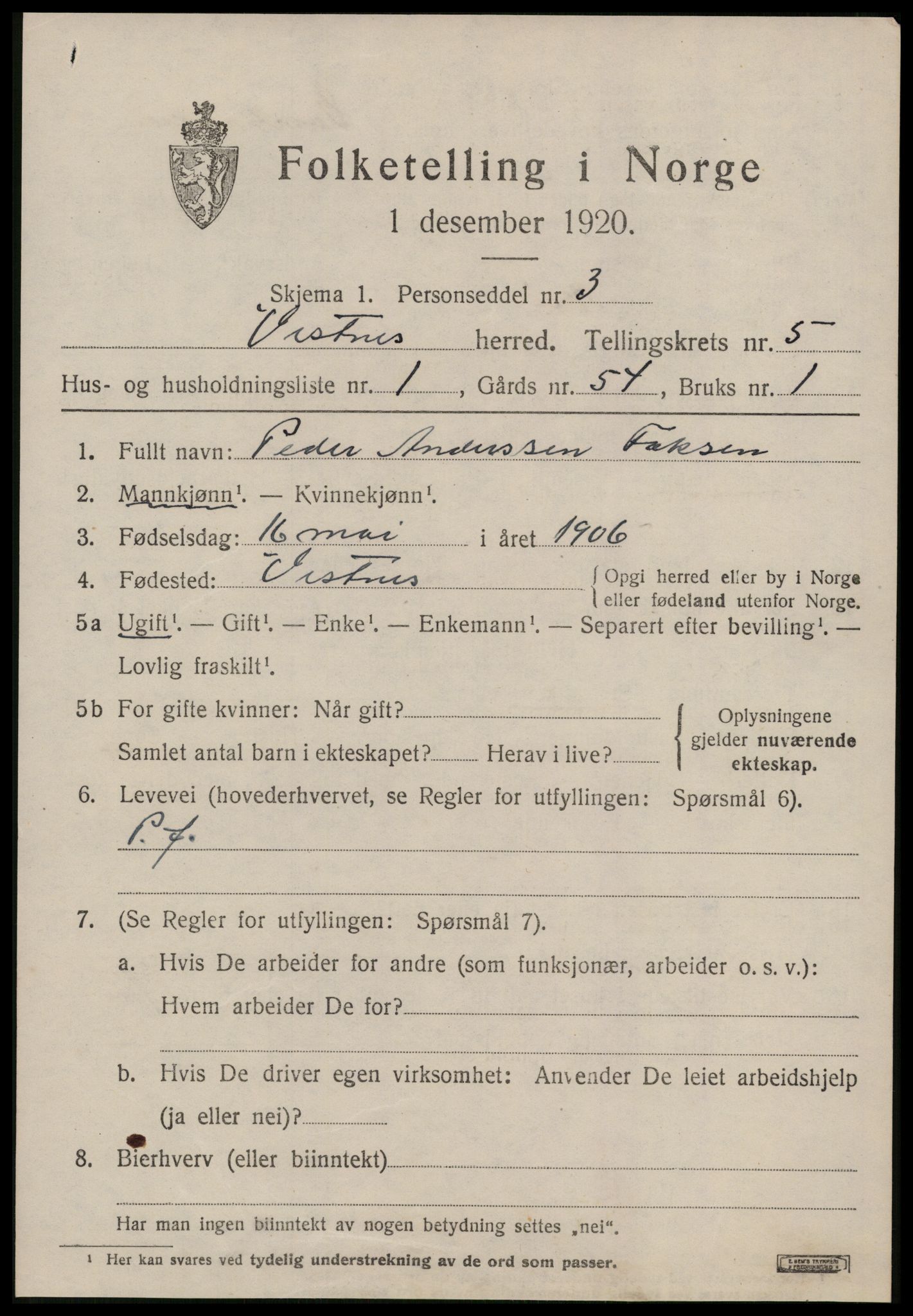 SAT, 1920 census for Vestnes, 1920, p. 3933