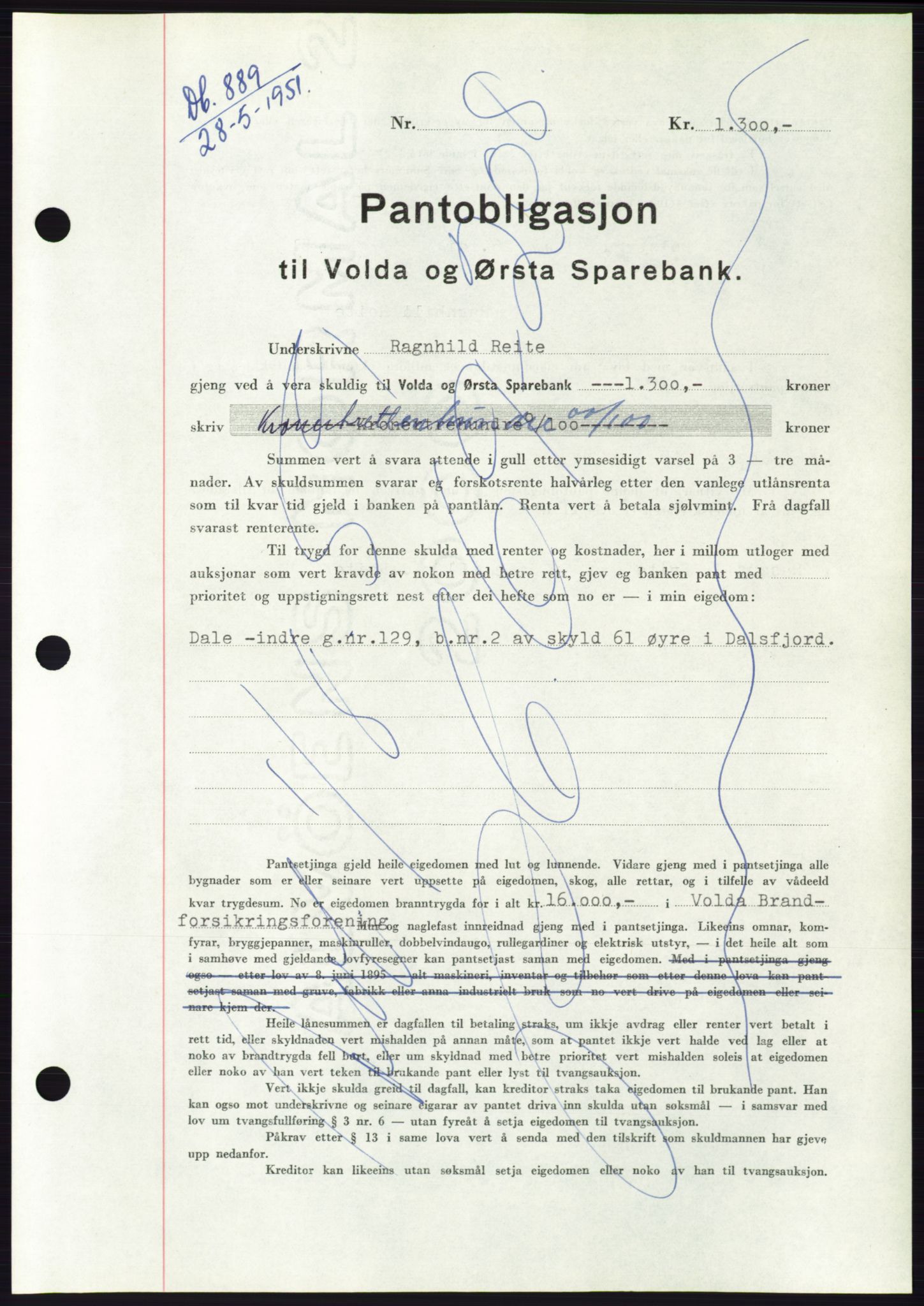 Søre Sunnmøre sorenskriveri, AV/SAT-A-4122/1/2/2C/L0120: Mortgage book no. 8B, 1951-1951, Diary no: : 889/1951