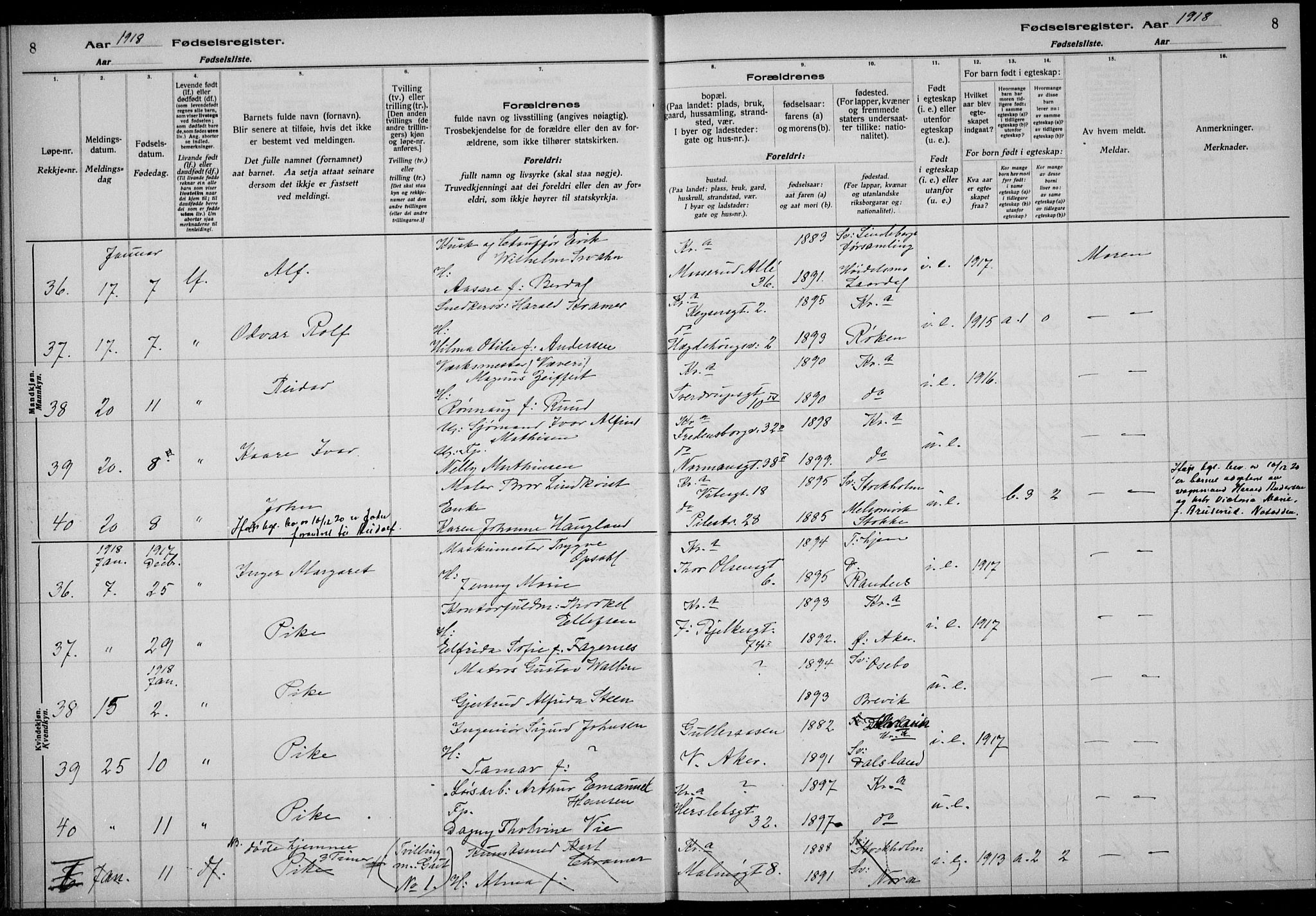 Rikshospitalet prestekontor Kirkebøker, AV/SAO-A-10309b/J/L0003: Birth register no. 3, 1918-1918, p. 8