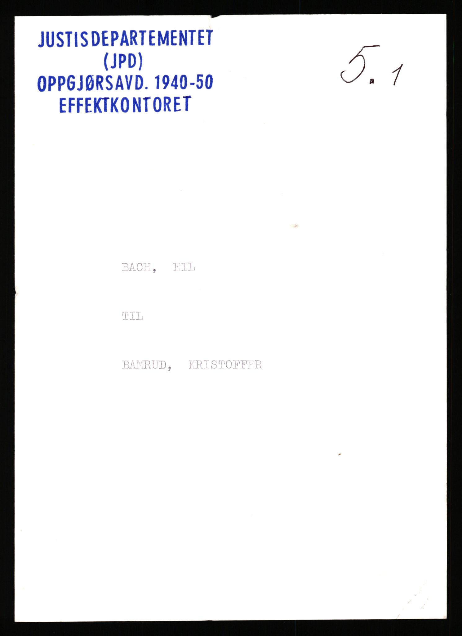 Justisdepartementet, Oppgjørsavdelingen, RA/S-1056/G/Gb/L0005: Oppgaver over ettersøkte sivile effekter. Bach, Eil - Benson, John, 1940-1942, p. 1
