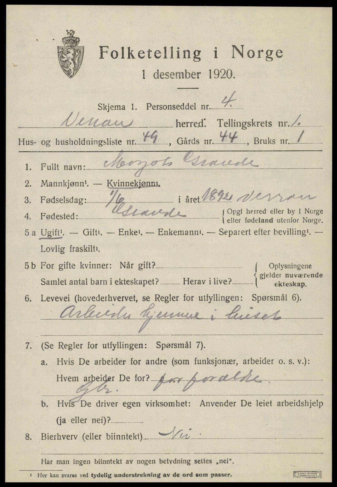 SAT, 1920 census for Verran, 1920, p. 1048