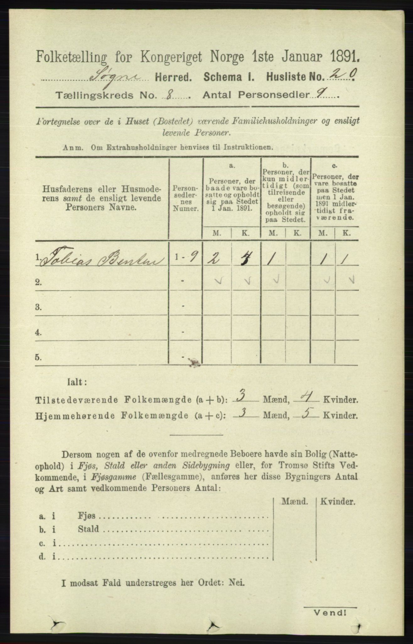 RA, 1891 census for 1018 Søgne, 1891, p. 2187