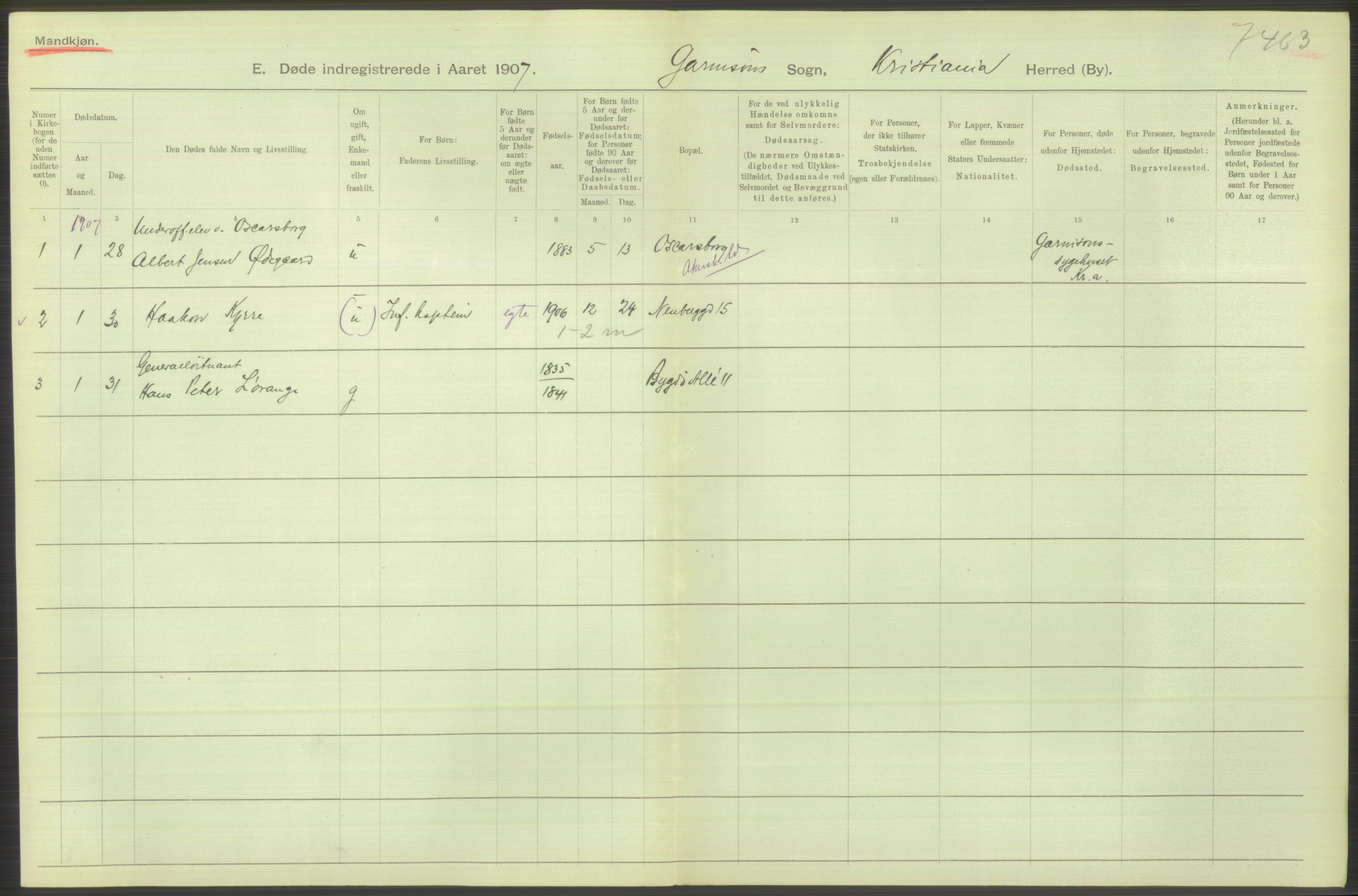 Statistisk sentralbyrå, Sosiodemografiske emner, Befolkning, RA/S-2228/D/Df/Dfa/Dfae/L0009: Kristiania: Døde, 1907, p. 148